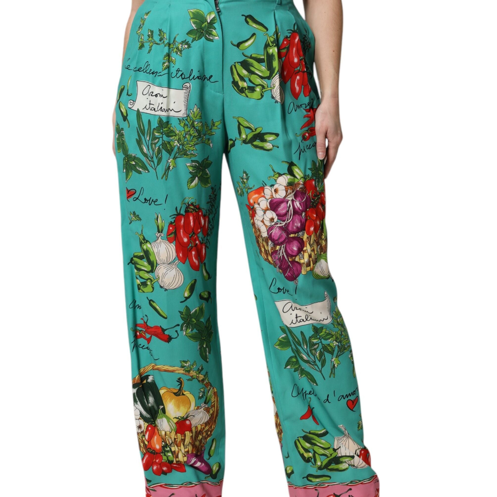 Dolce & Gabbana Green Silk Printed Straight Pants