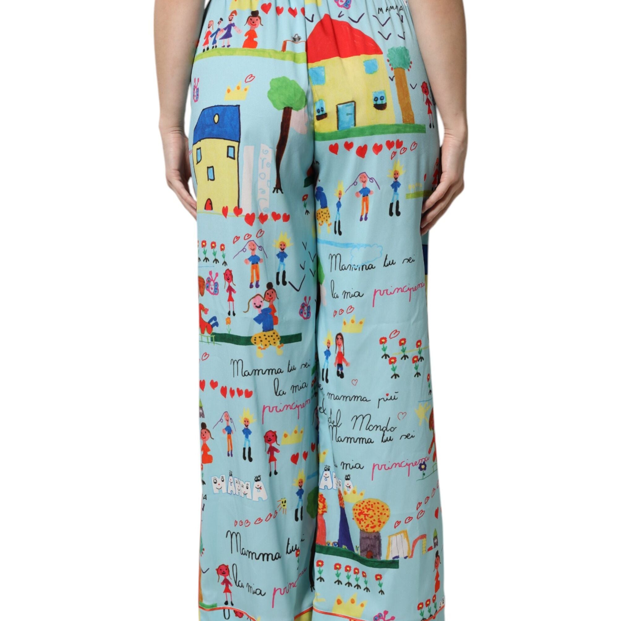 Dolce & Gabbana Light Blue Drawing Mid Waist Wide Leg Pants