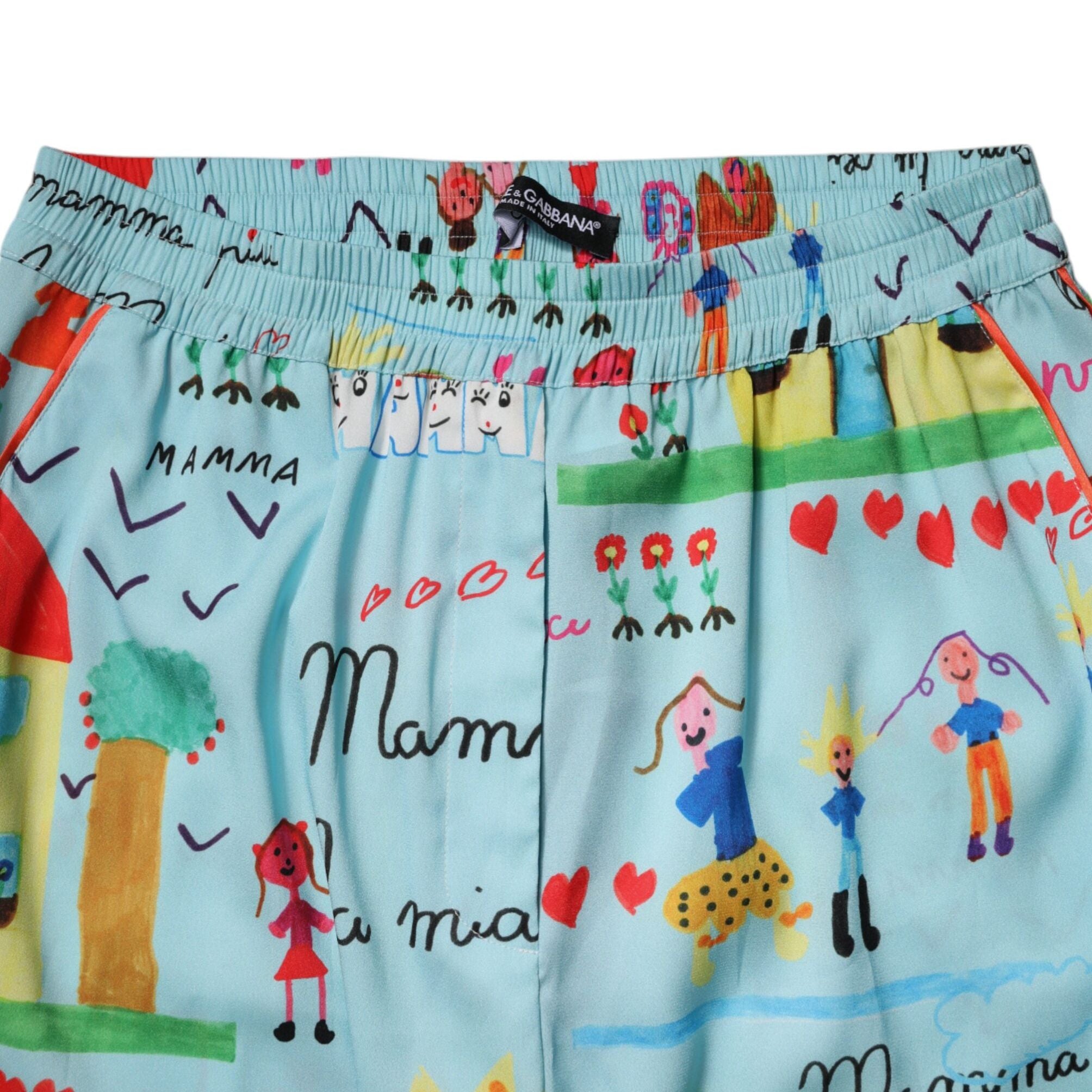 Dolce & Gabbana Light Blue Drawing Mid Waist Wide Leg Pants