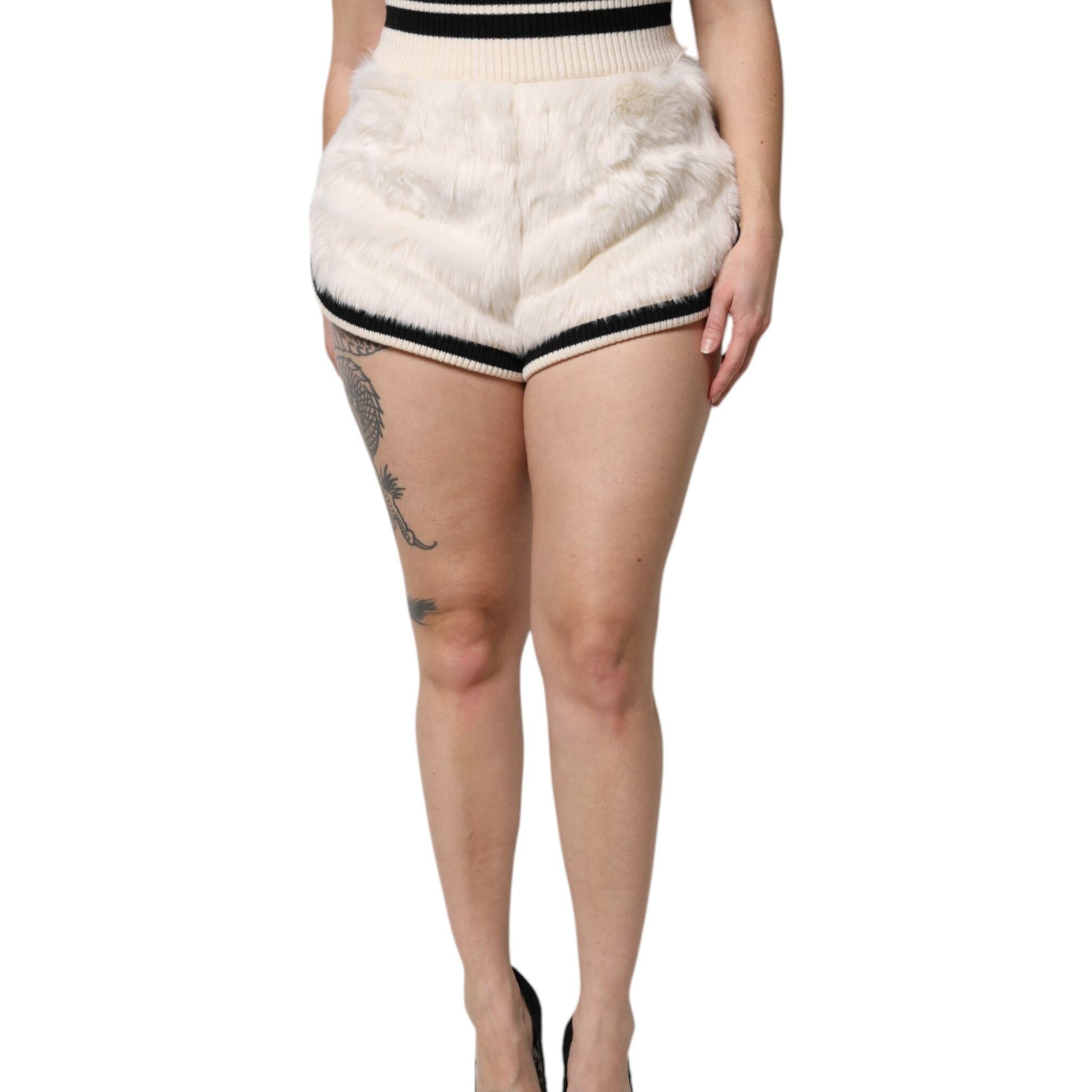 Dolce & Gabbana White Faux Fur High Waisted Hot Pants Short