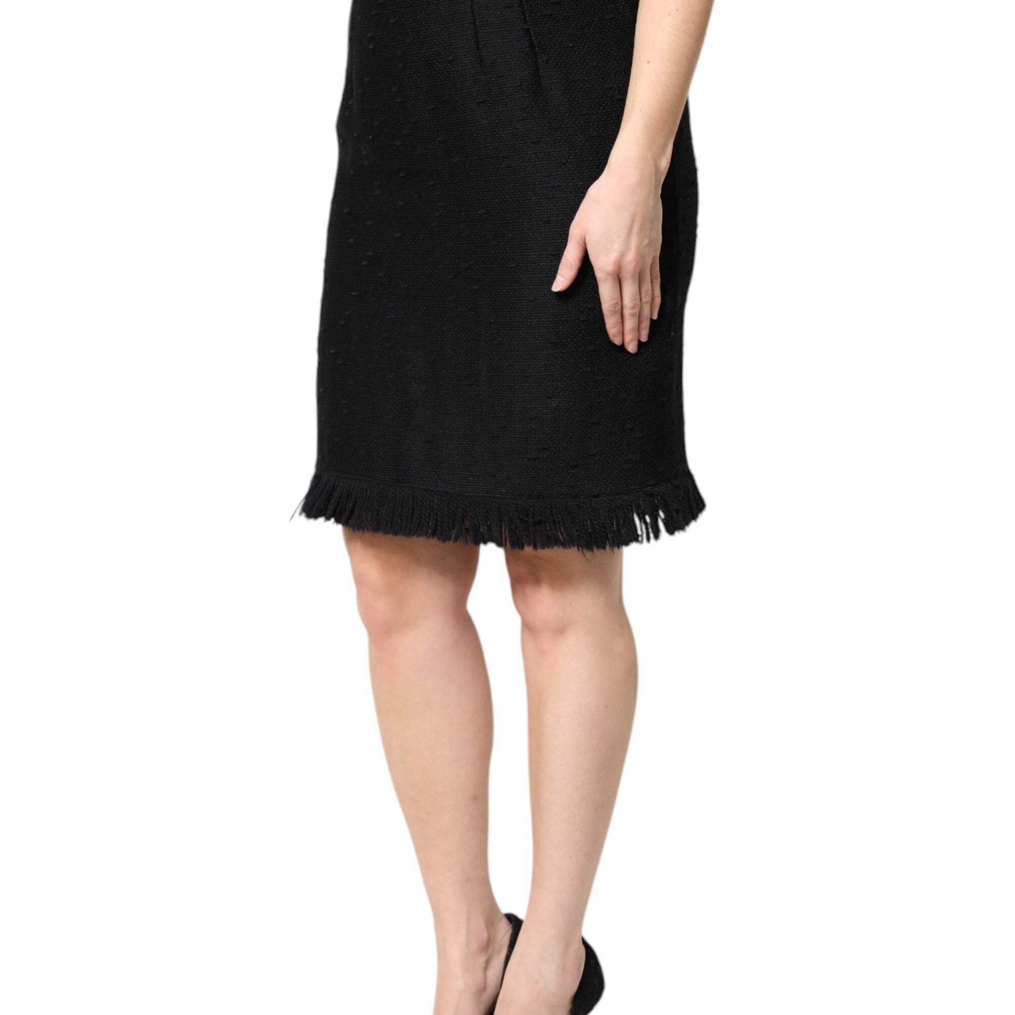 Dolce & Gabbana Black Wool Fringe High Waist Pencil Mini Skirt