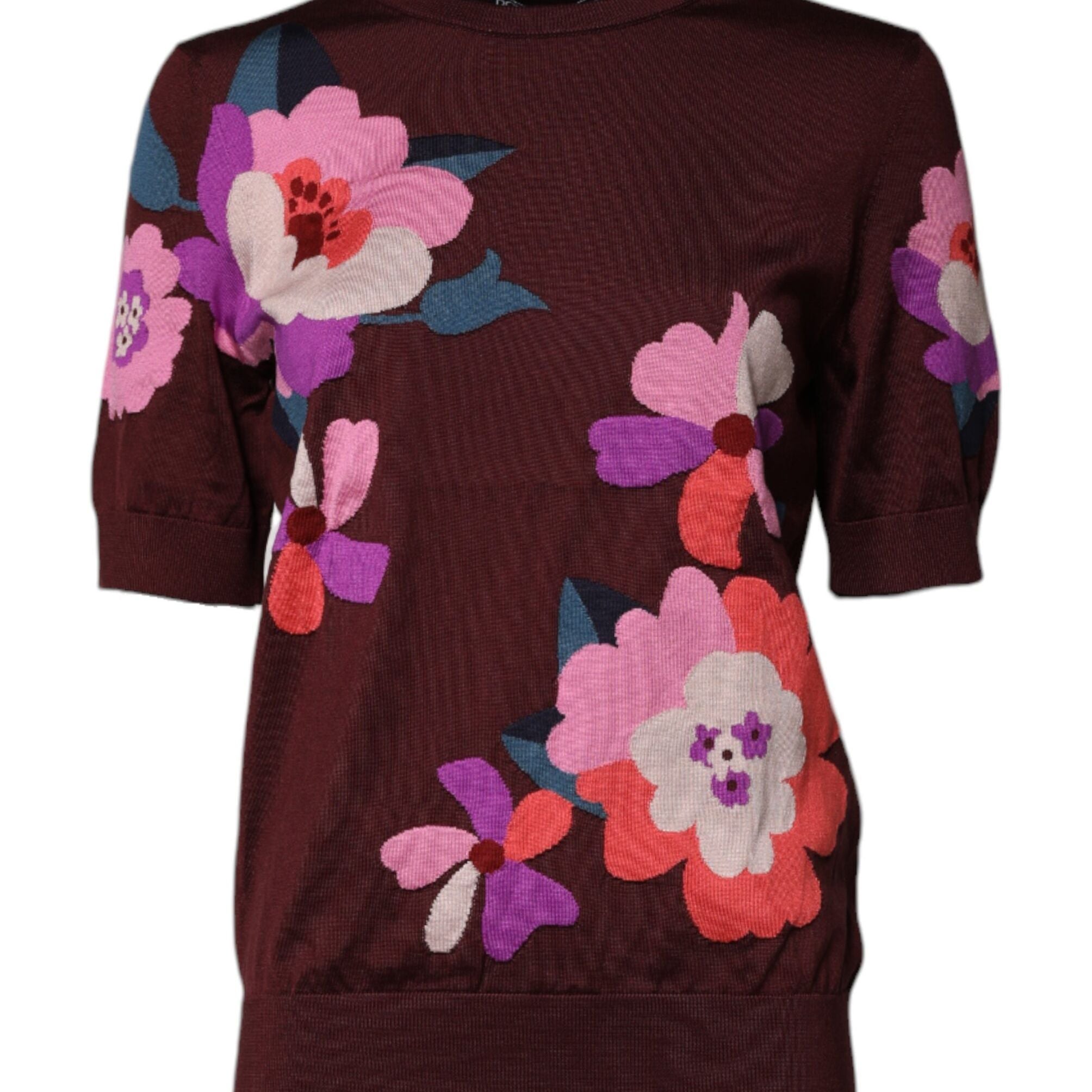 Dolce & Gabbana Maroon Floral Silk Crew Neck Blouse Top