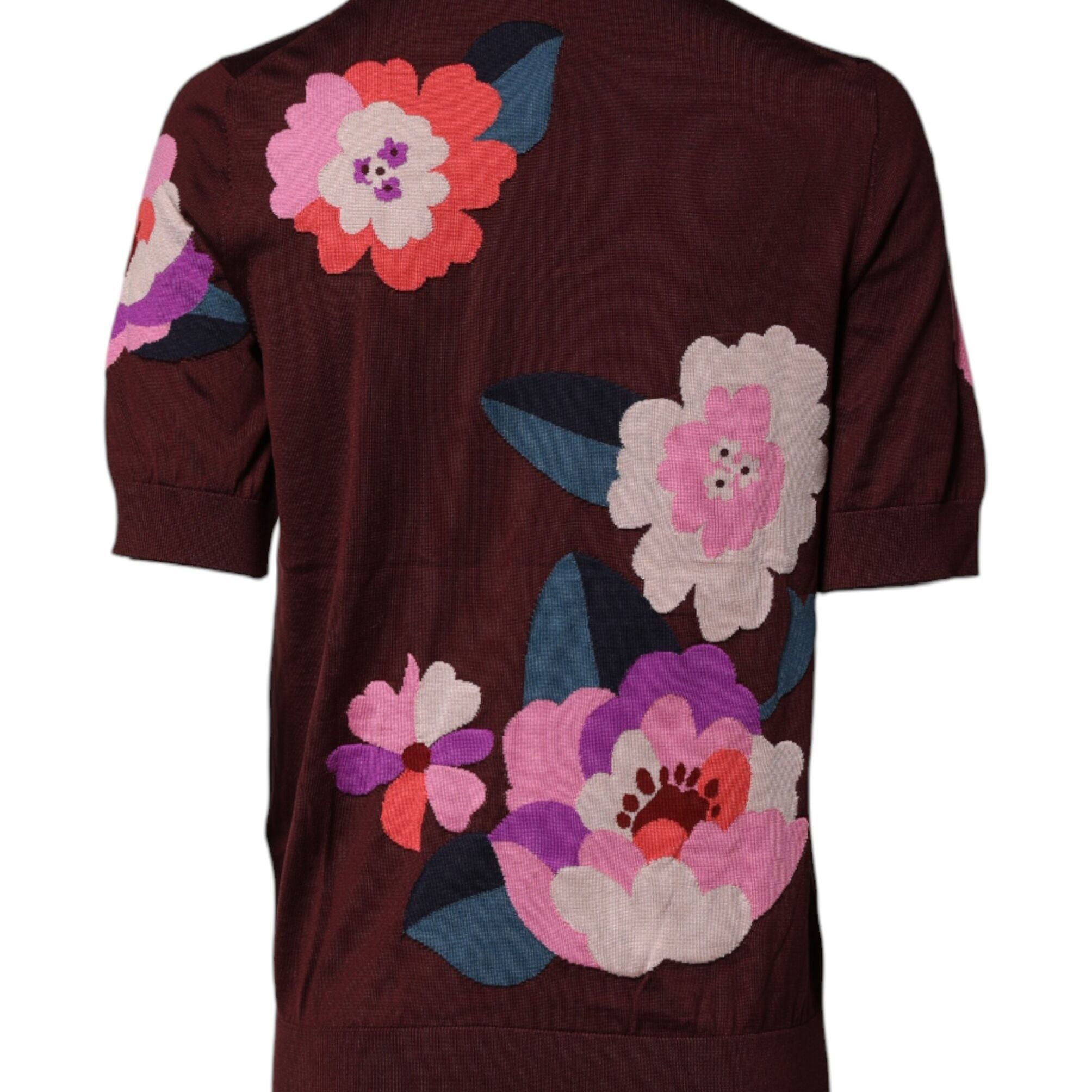 Dolce & Gabbana Maroon Floral Silk Crew Neck Blouse Top