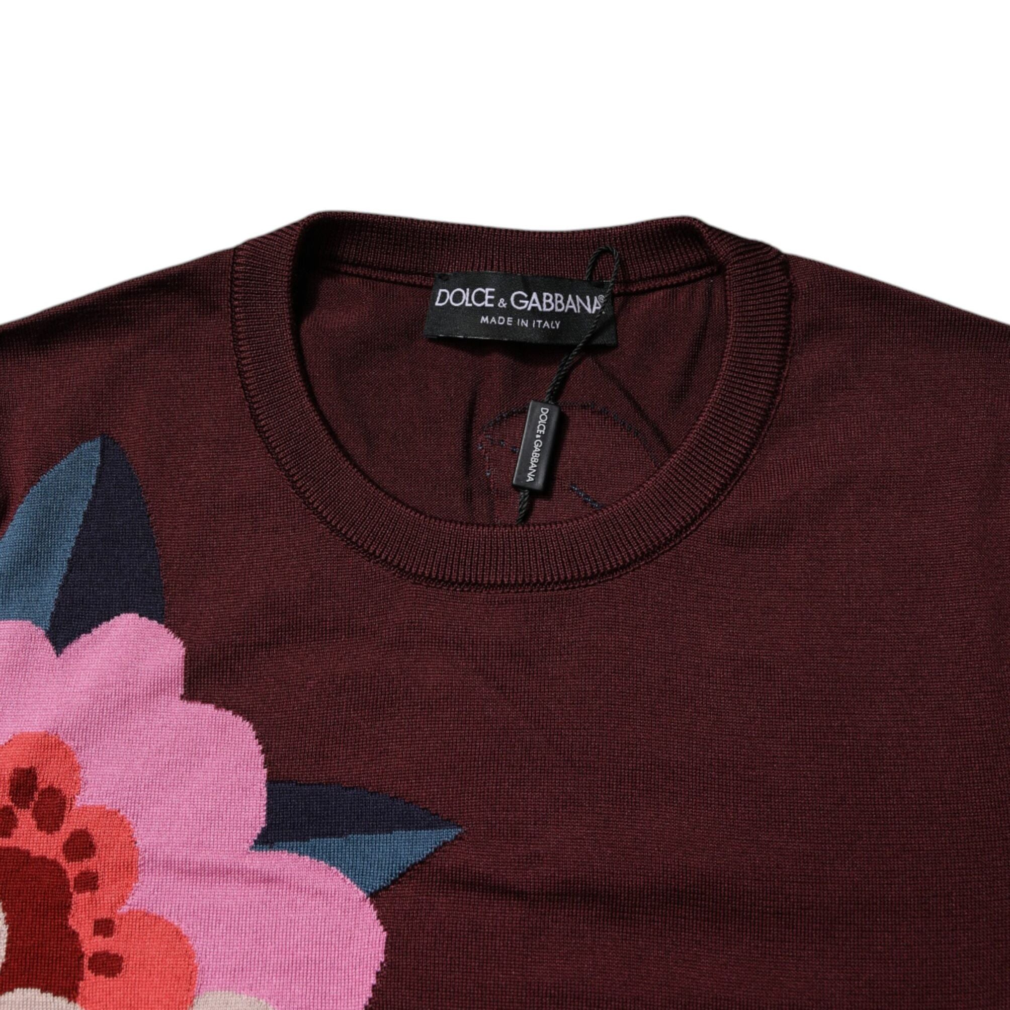 Dolce & Gabbana Maroon Floral Silk Crew Neck Blouse Top