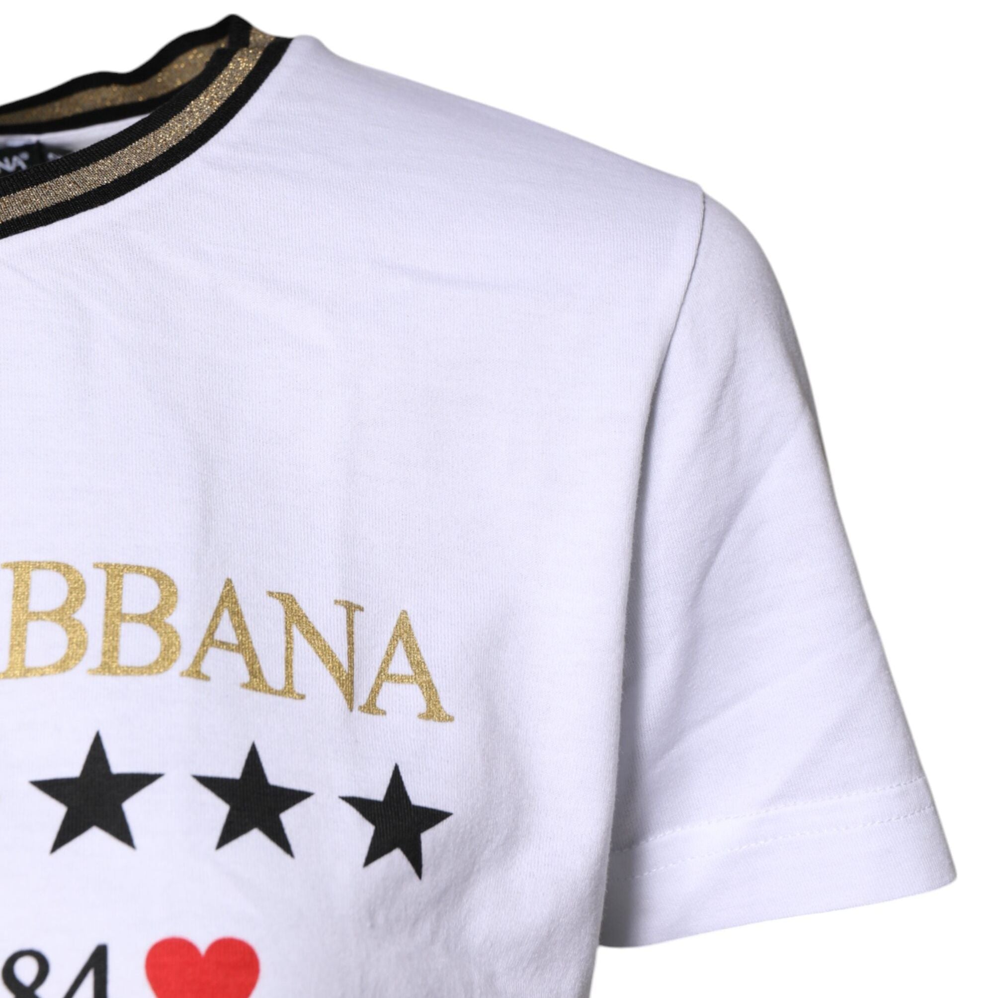Dolce & Gabbana White Printed Round Neck Top Cotton T-shirt