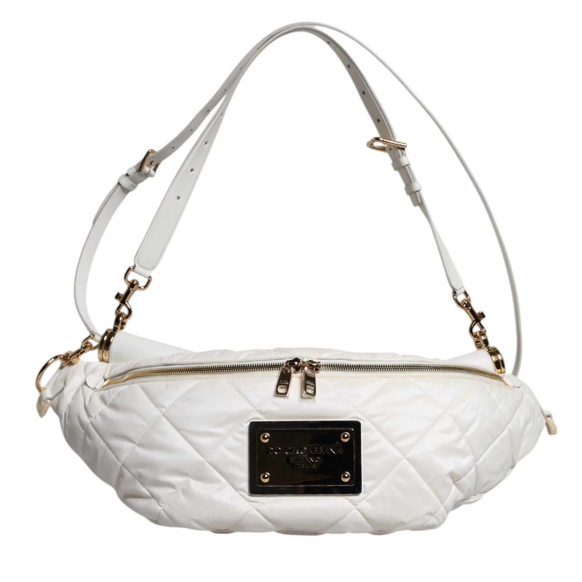 Dolce & Gabbana White Quilted Logo Plaque Belt Waist Fanny Pack Bag