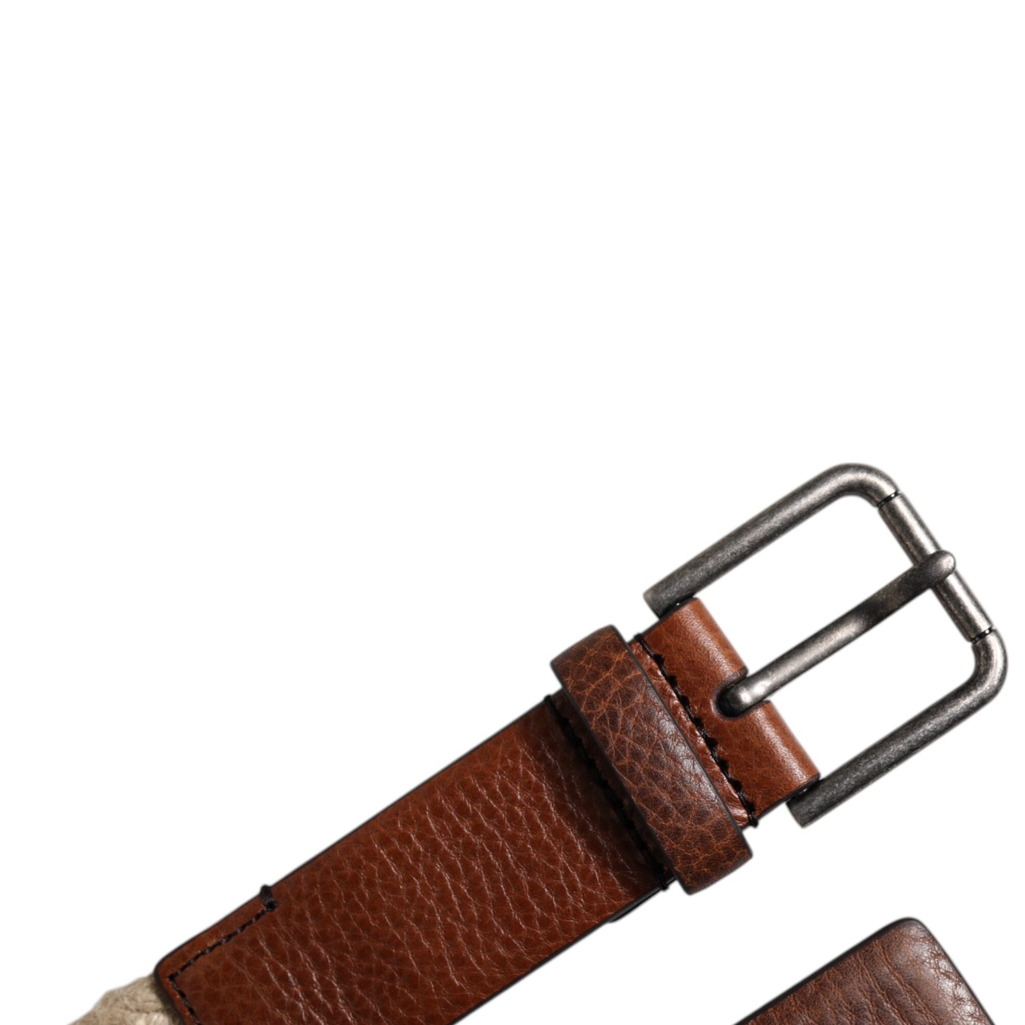 Dolce & Gabbana Brown Jute Leather Woven Metal Buckle Belt