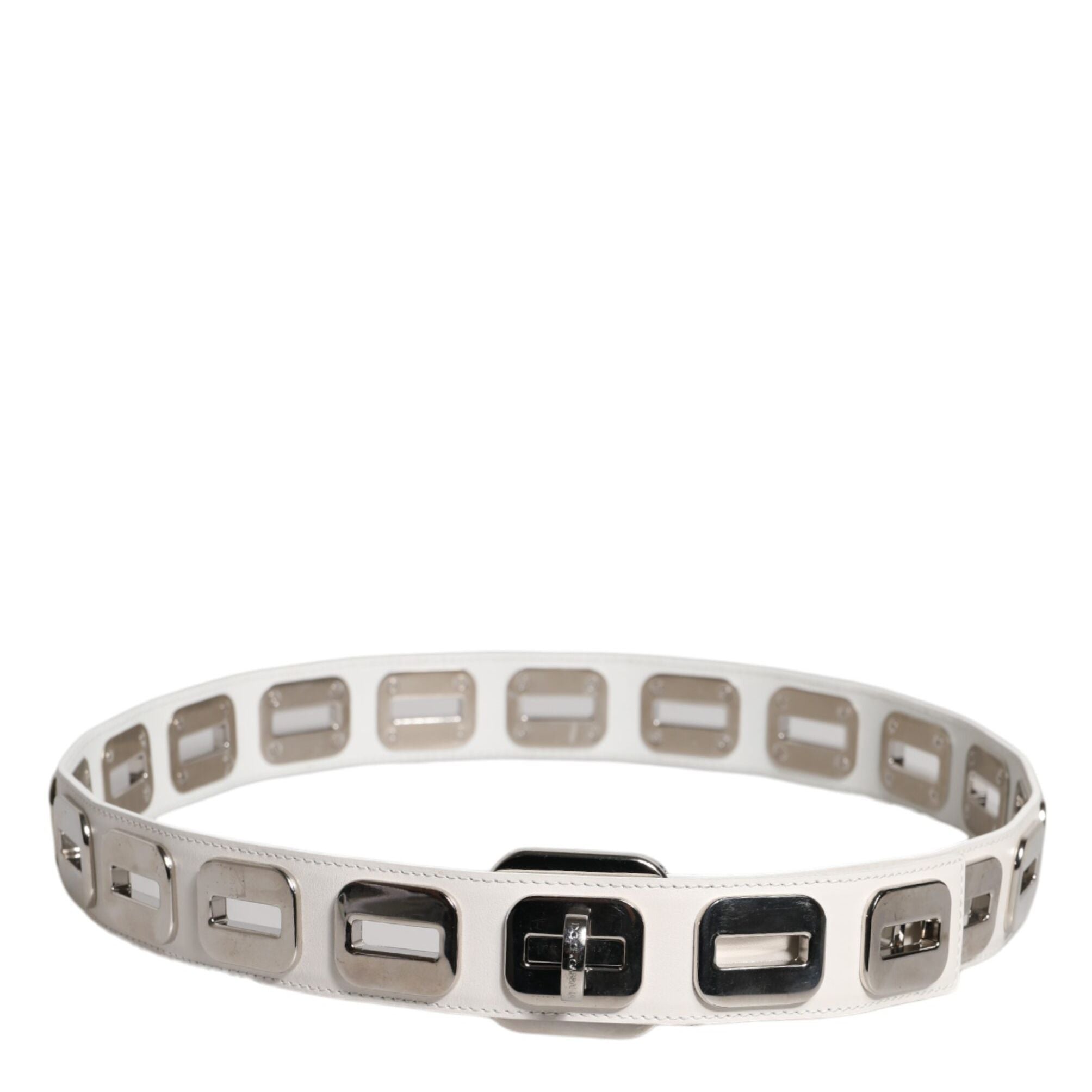 Dolce & Gabbana White Leather Gold Tone Rotating Buckle Belt