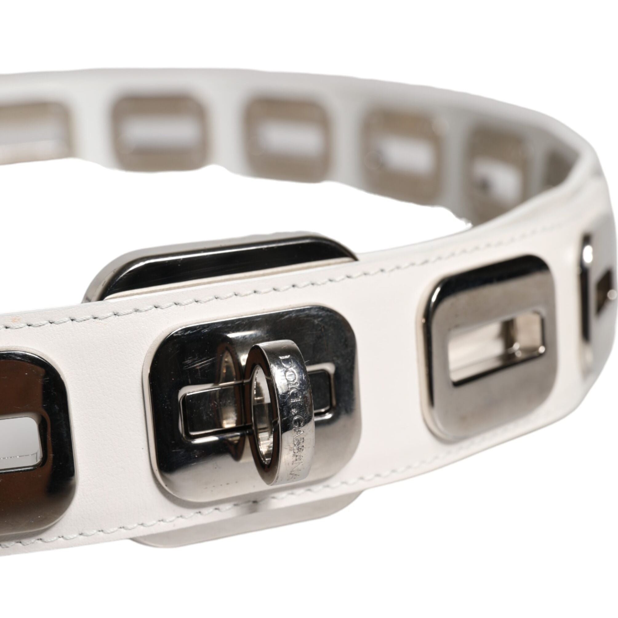 Dolce & Gabbana White Leather Gold Tone Rotating Buckle Belt