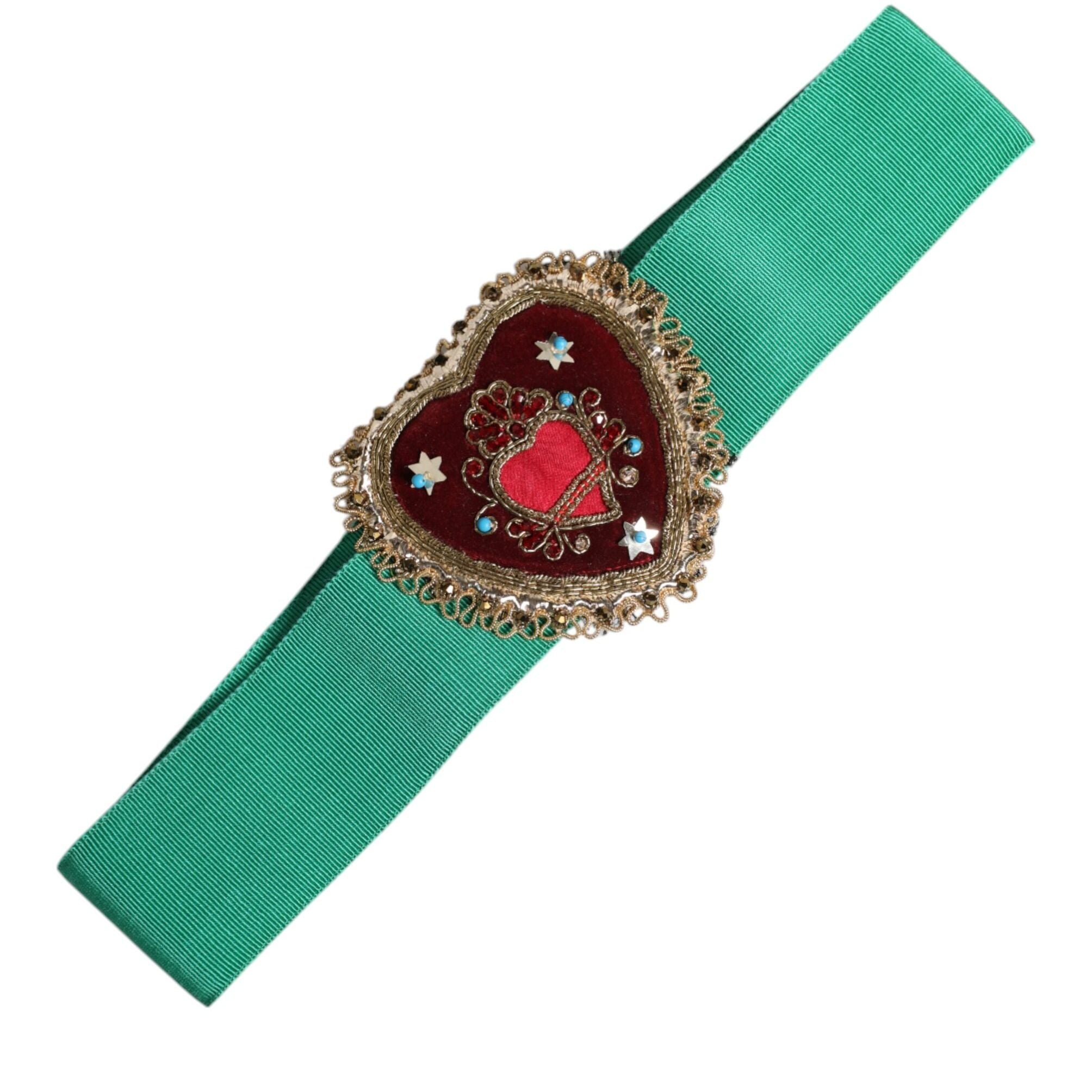 Dolce & Gabbana Green Stretch Wide Waist Heart Embellished Belt