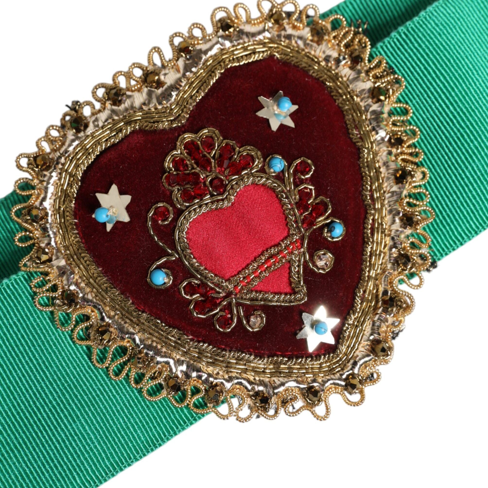 Dolce & Gabbana Green Stretch Wide Waist Heart Embellished Belt