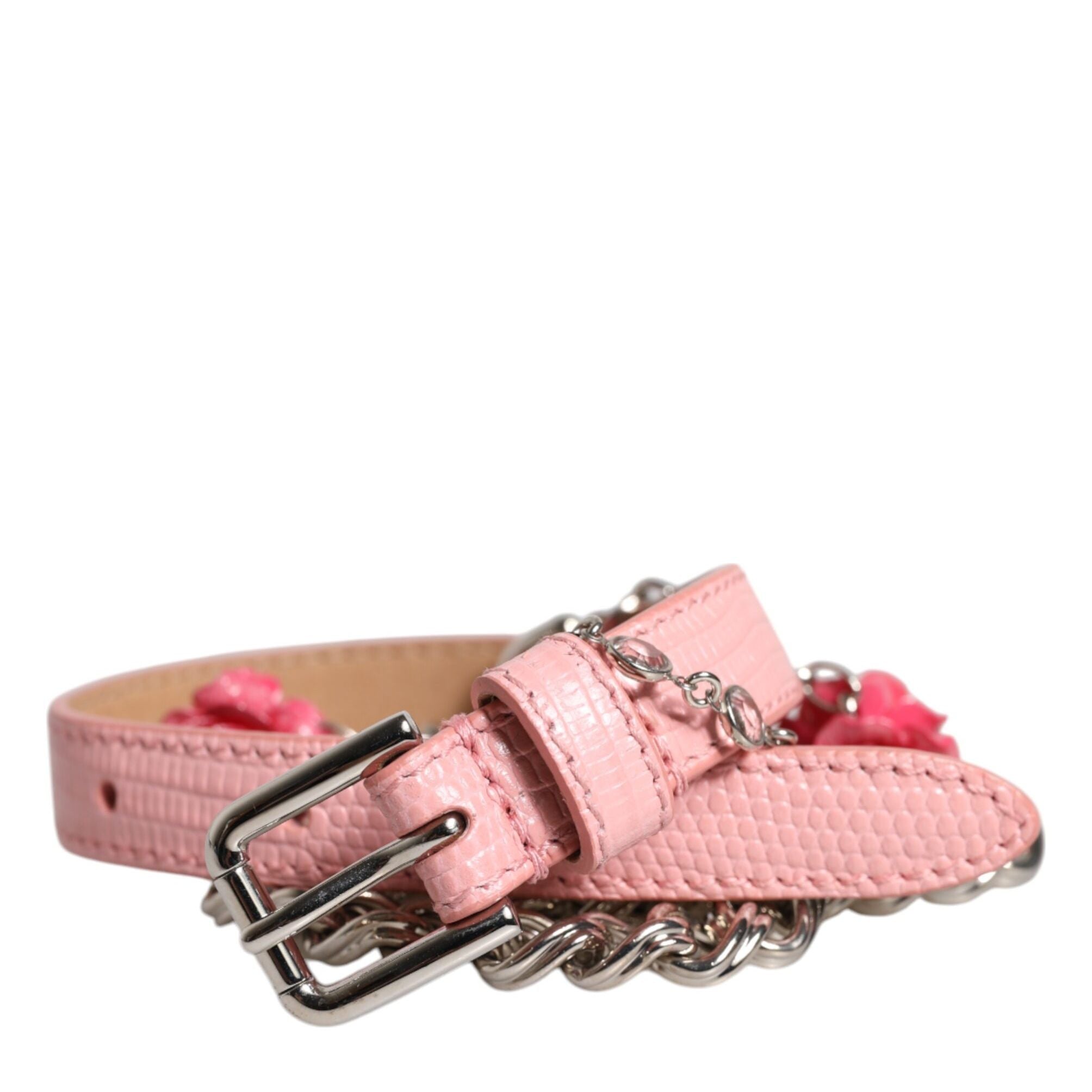 Dolce & Gabbana Pink Embelished Roses Textured Leather Belt