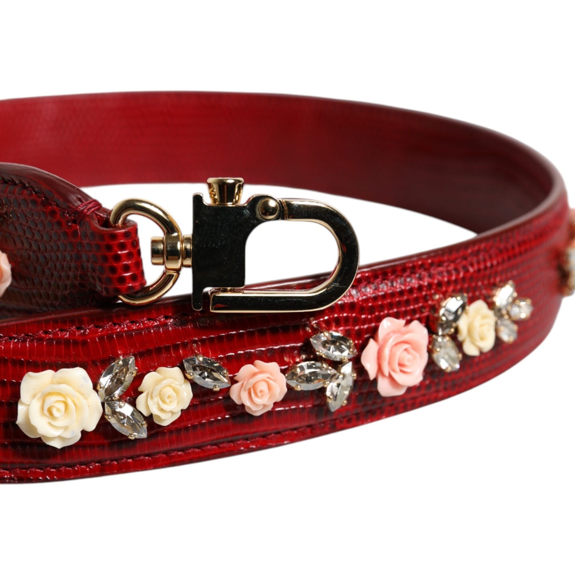Dolce & Gabbana Red Leather Floral Embellish Bag Shoulder Strap