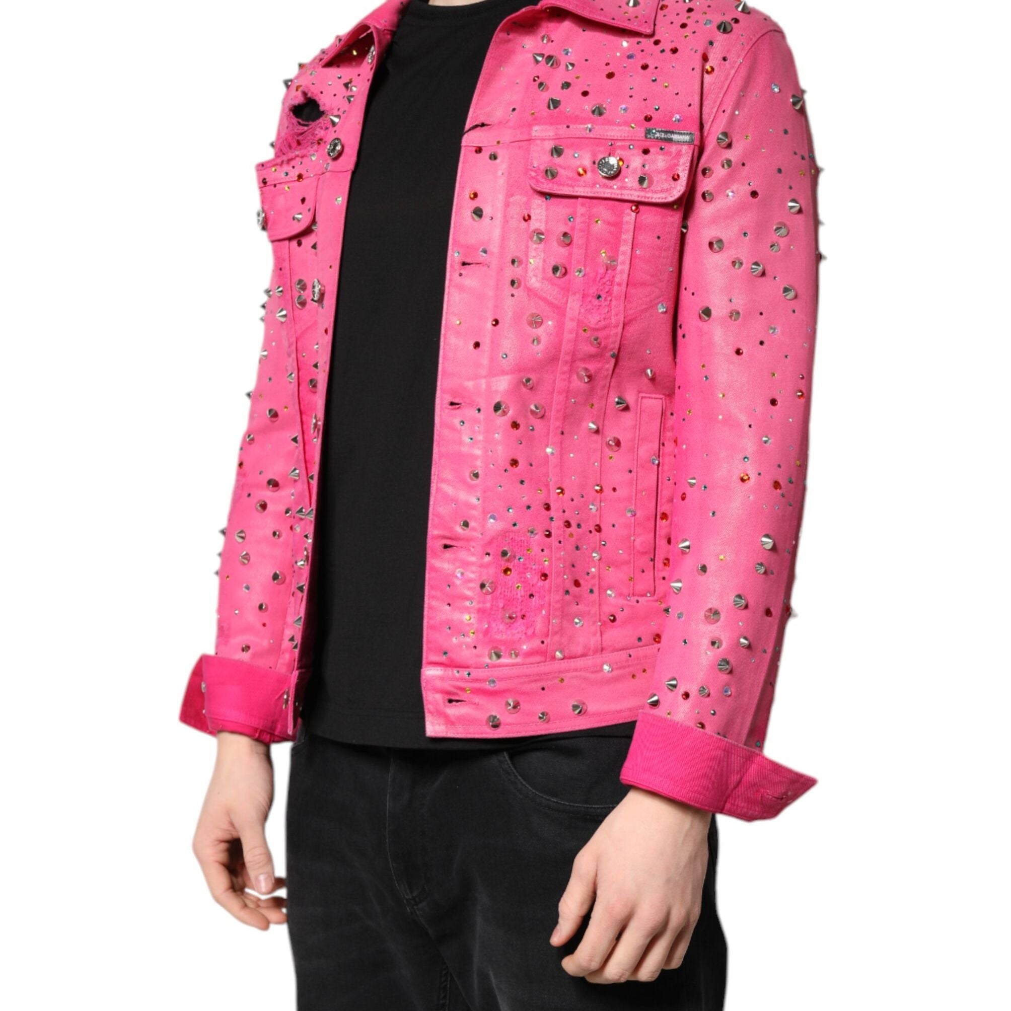 Dolce & Gabbana Pink Crystal Embellished Cotton Denim Jacket