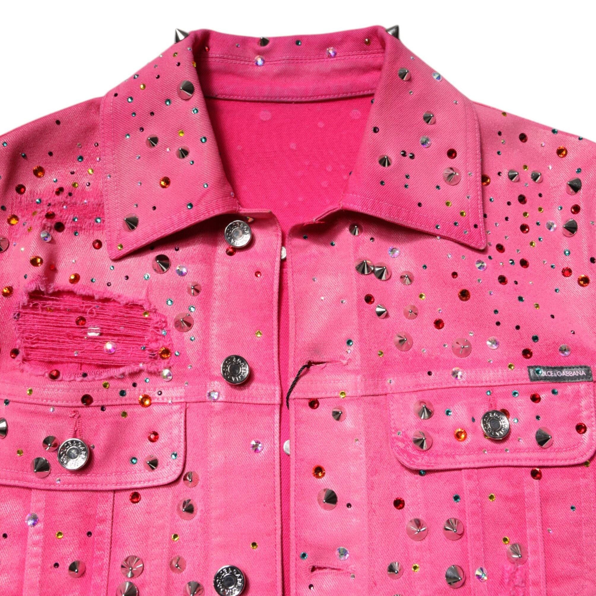Dolce & Gabbana Pink Crystal Embellished Cotton Denim Jacket