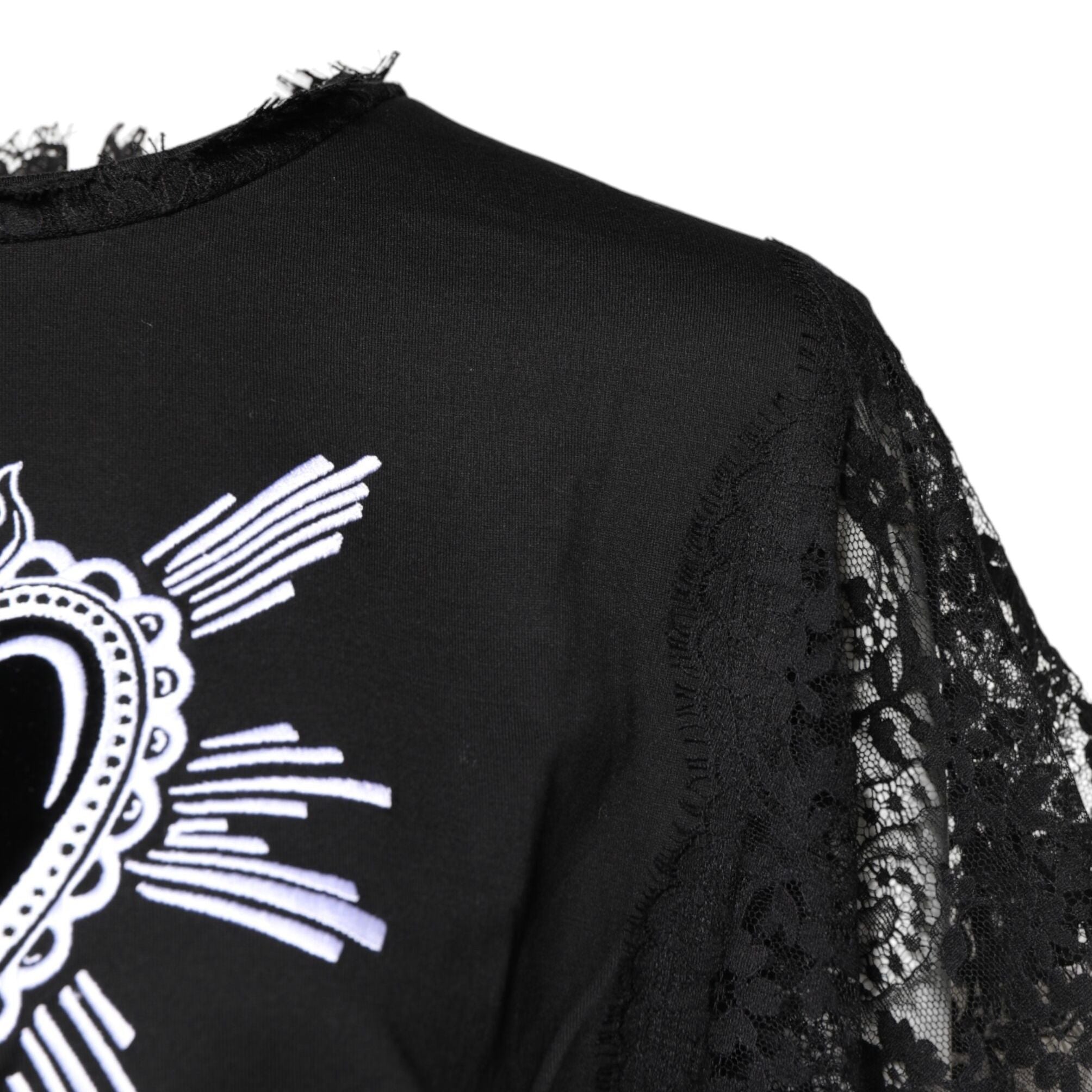 Dolce & Gabbana Black Lace Sheer Sacred Heart Crew Neck Top