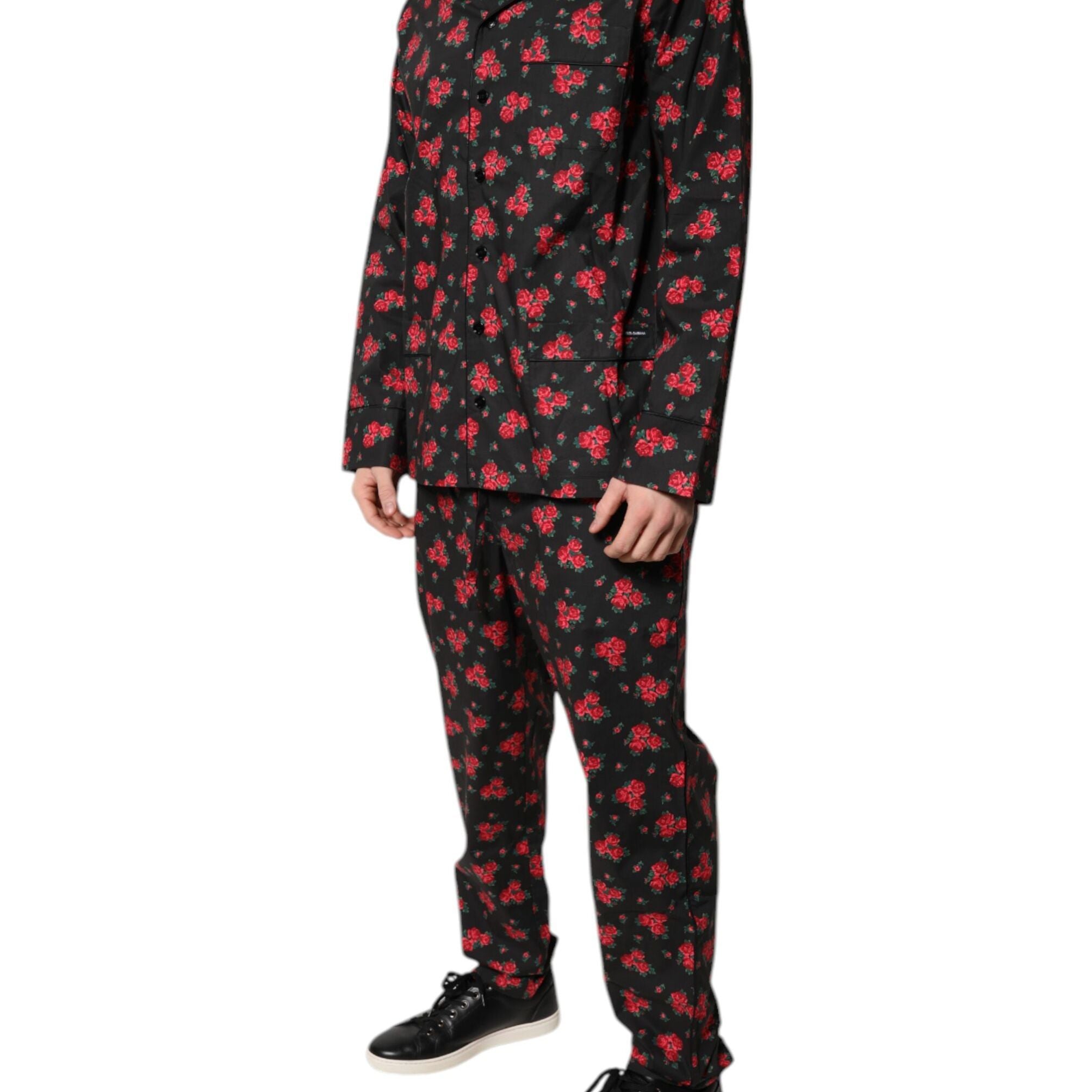 Dolce & Gabbana Black Floral Print Cotton Men Pajama Set Sleepwear