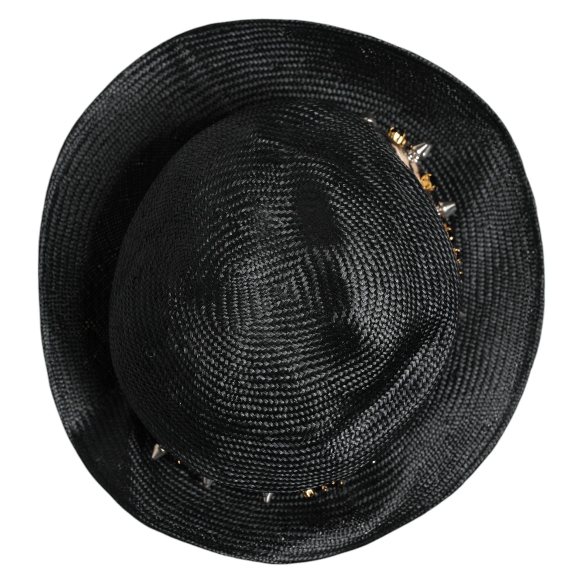 Dolce & Gabbana Black Straw Crystal Embellished Wide Brim Hat