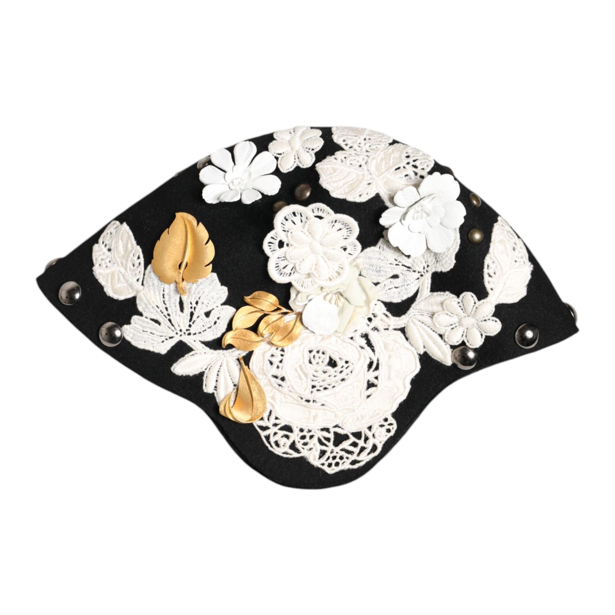 Dolce & Gabbana Black Wool White Floral Gold Leaf Cloche Hat