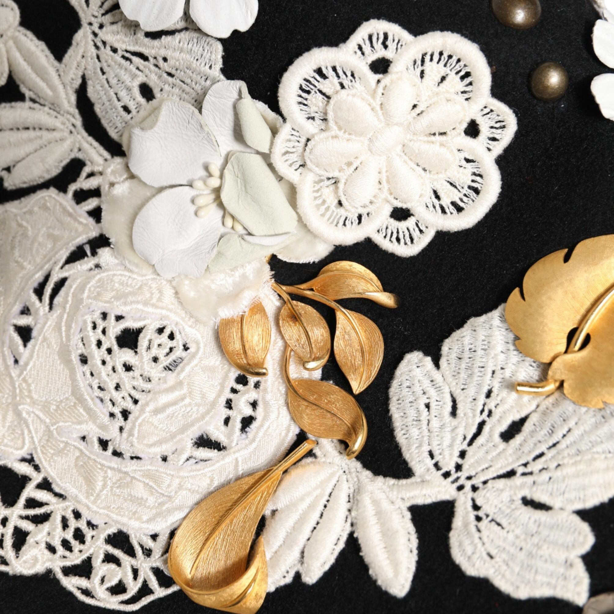 Dolce & Gabbana Black Wool White Floral Gold Leaf Cloche Hat