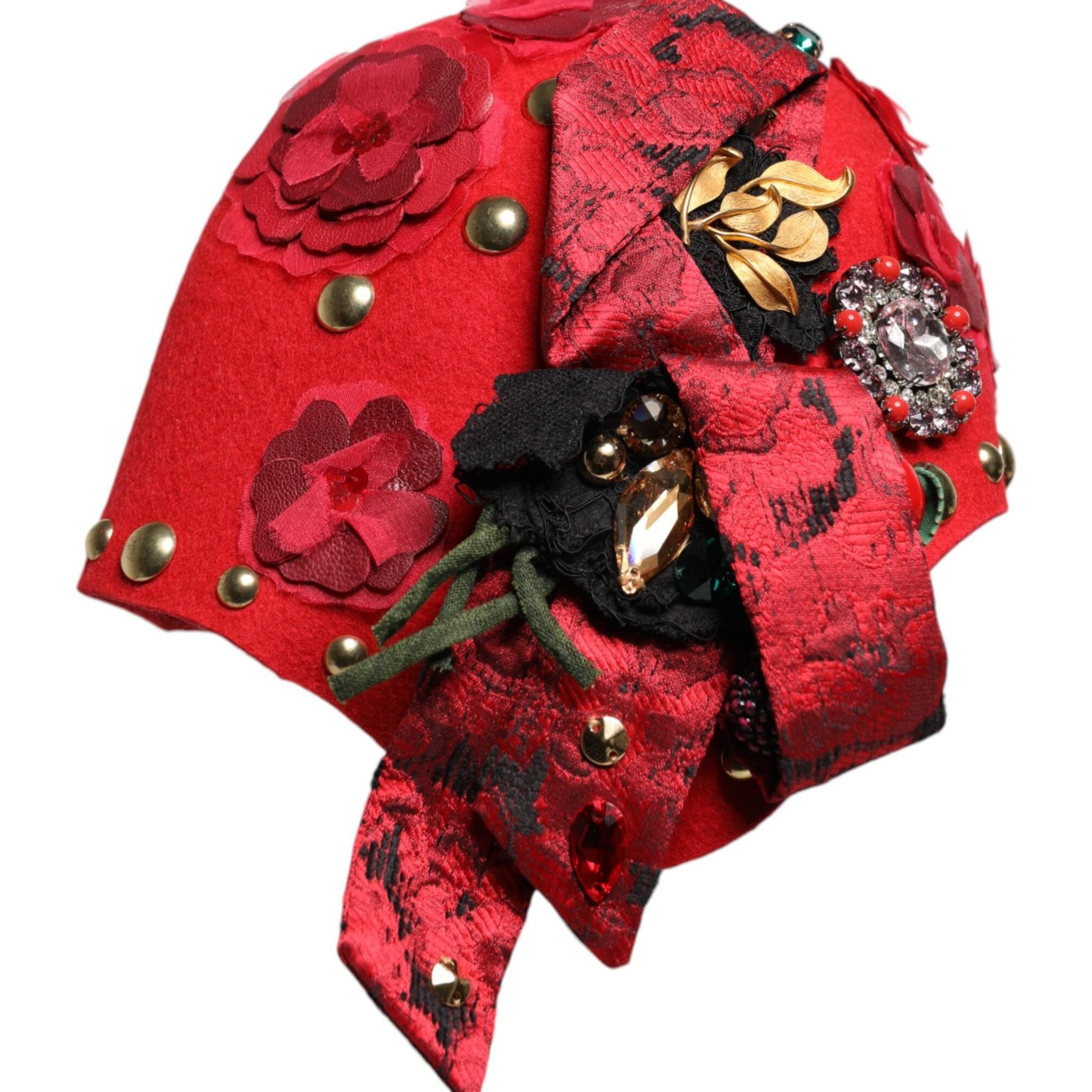 Dolce & Gabbana Red Crystal Gold Roses Brooch Embellished Hat