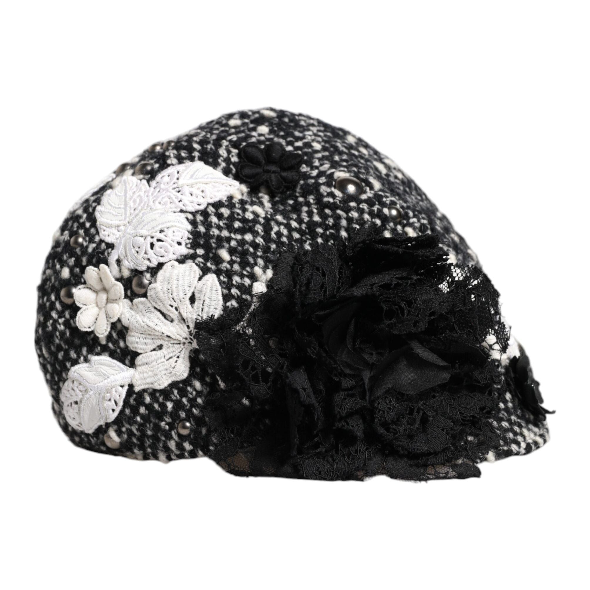 Dolce & Gabbana Black Wool White Floral Embellished Cloche Hat