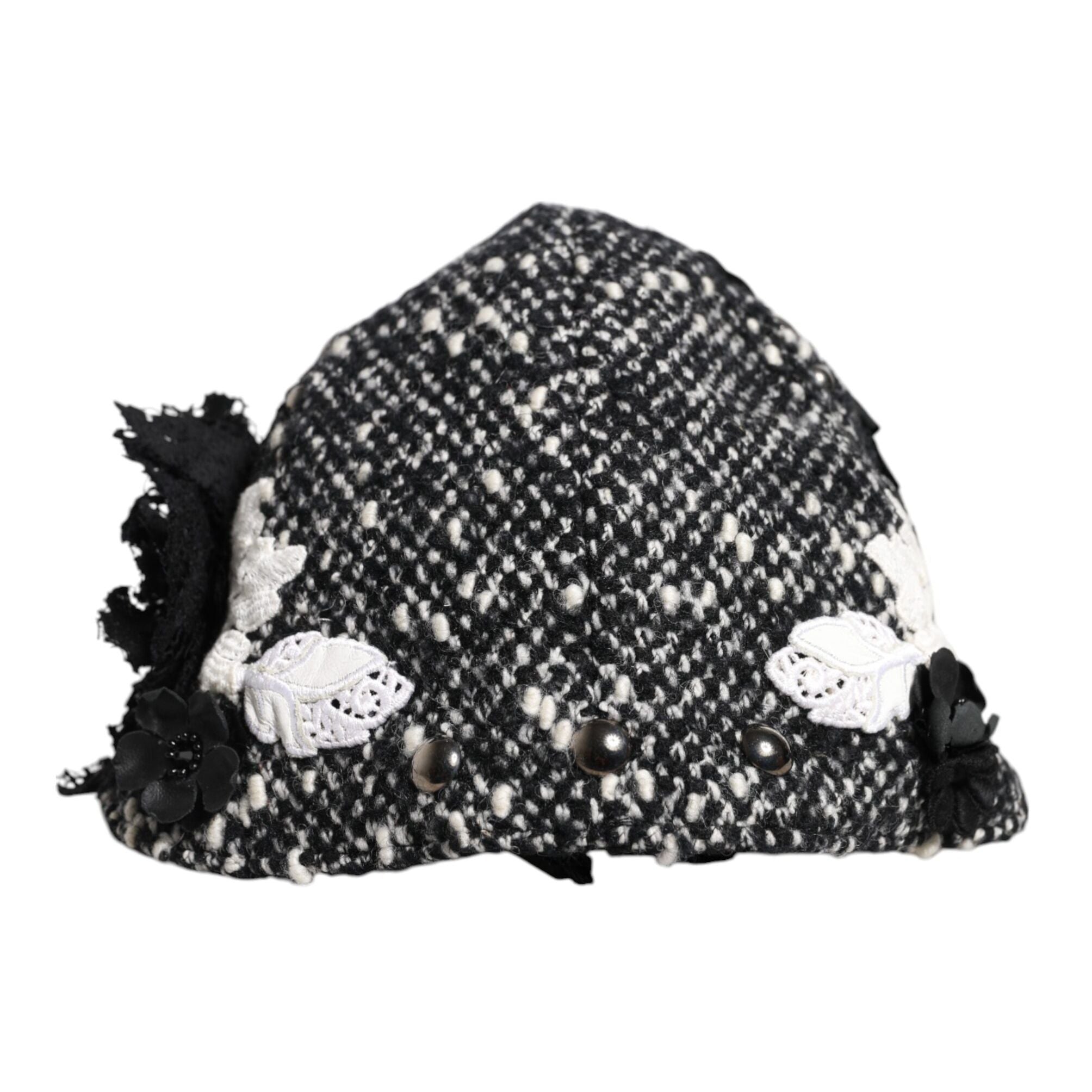 Dolce & Gabbana Black Wool White Floral Embellished Cloche Hat