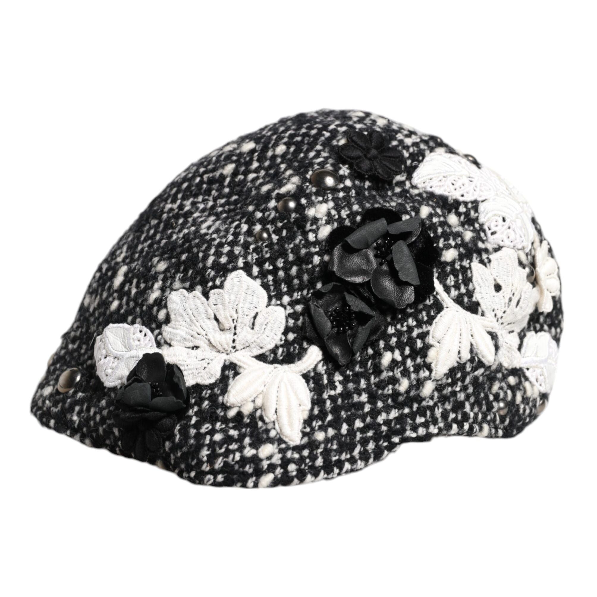 Dolce & Gabbana Black Wool White Floral Embellished Cloche Hat
