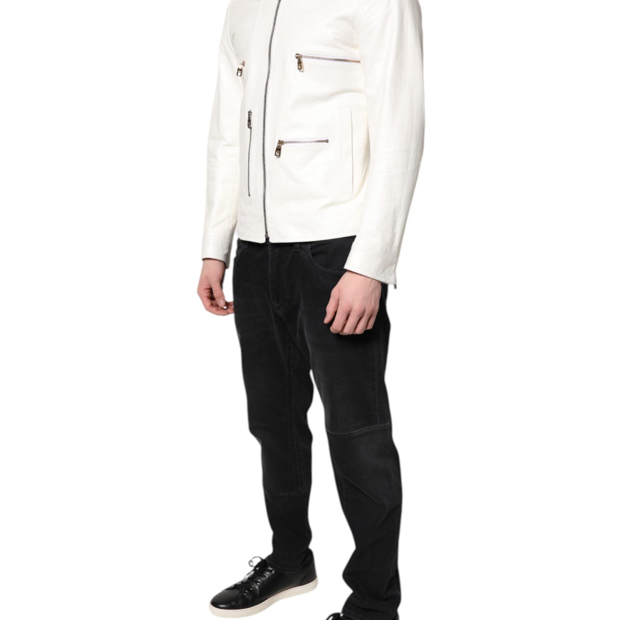 Dolce & Gabbana White Collared Full Zip Biker Coat Jacket