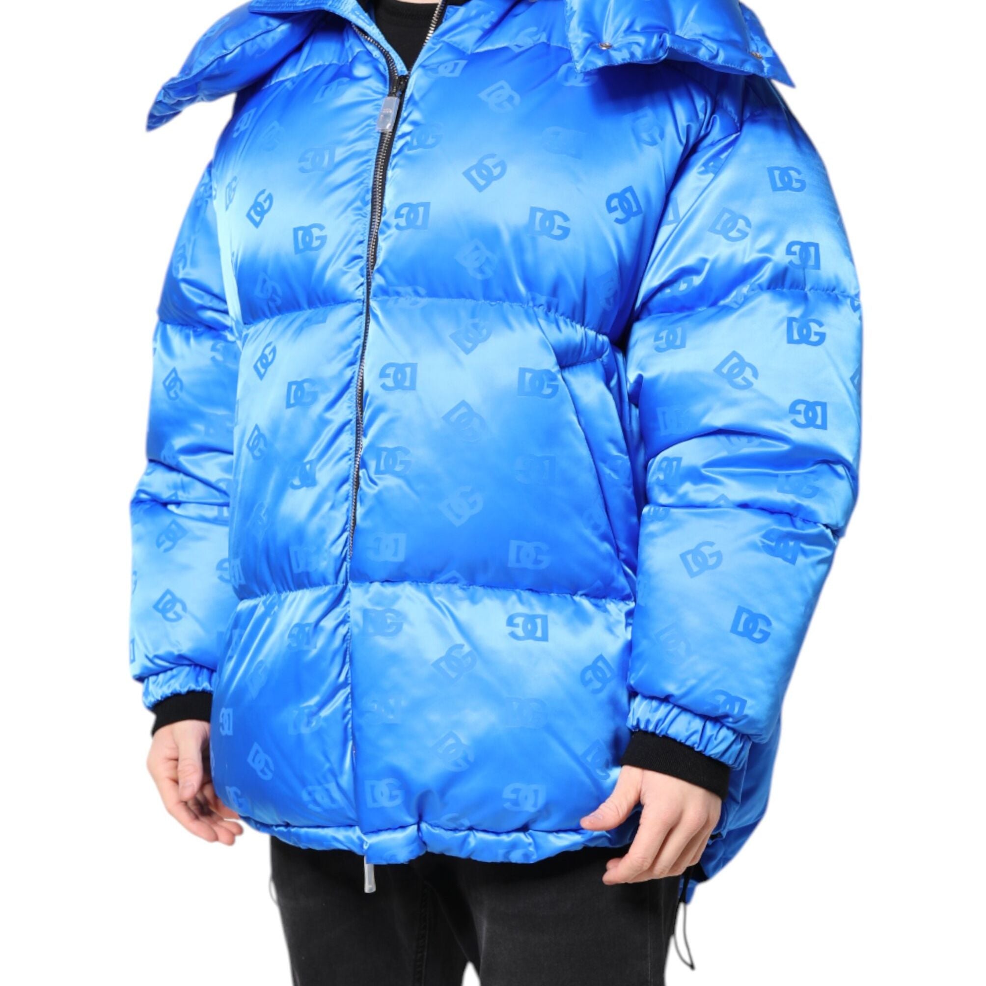 Dolce & Gabbana Blue Logo Full Zip Hooded Quilted Jacket