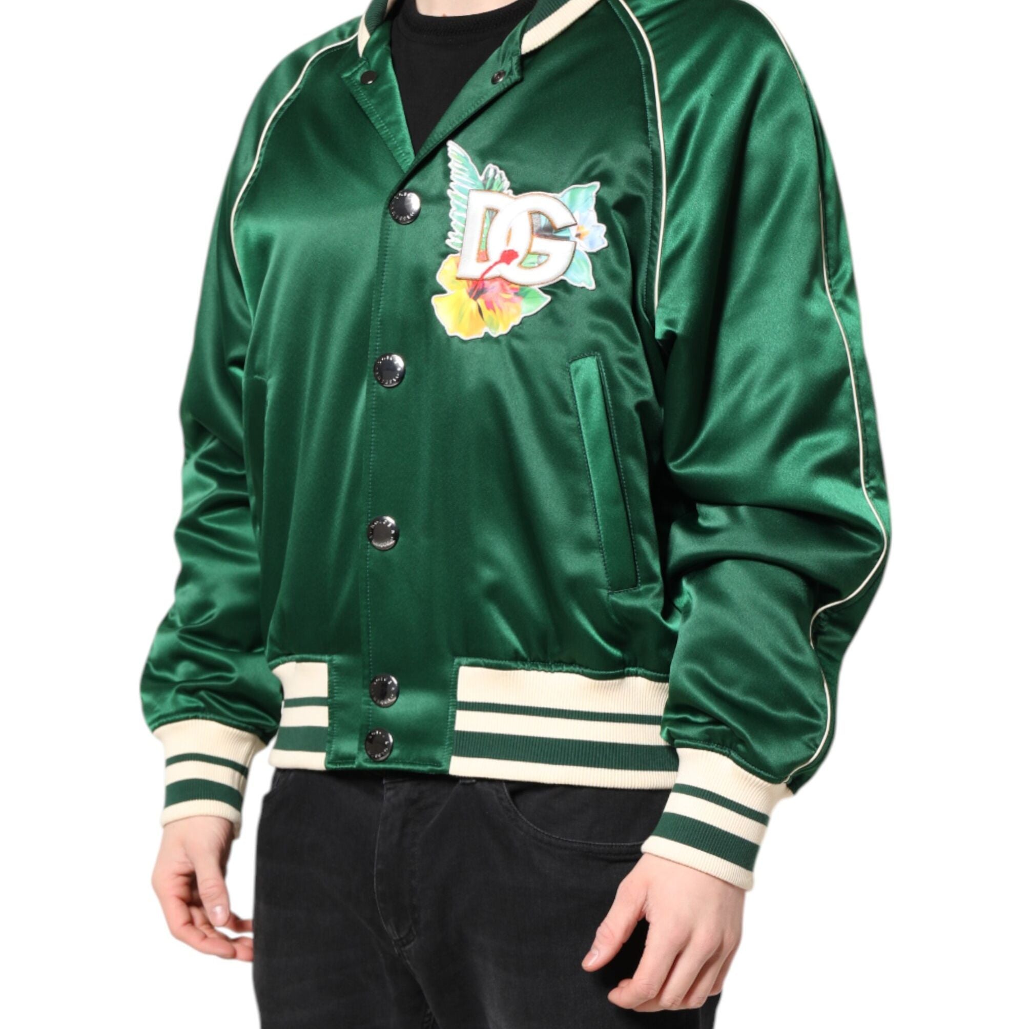 Dolce & Gabbana Green Floral DG Logo Full Zip Bomber Jacket