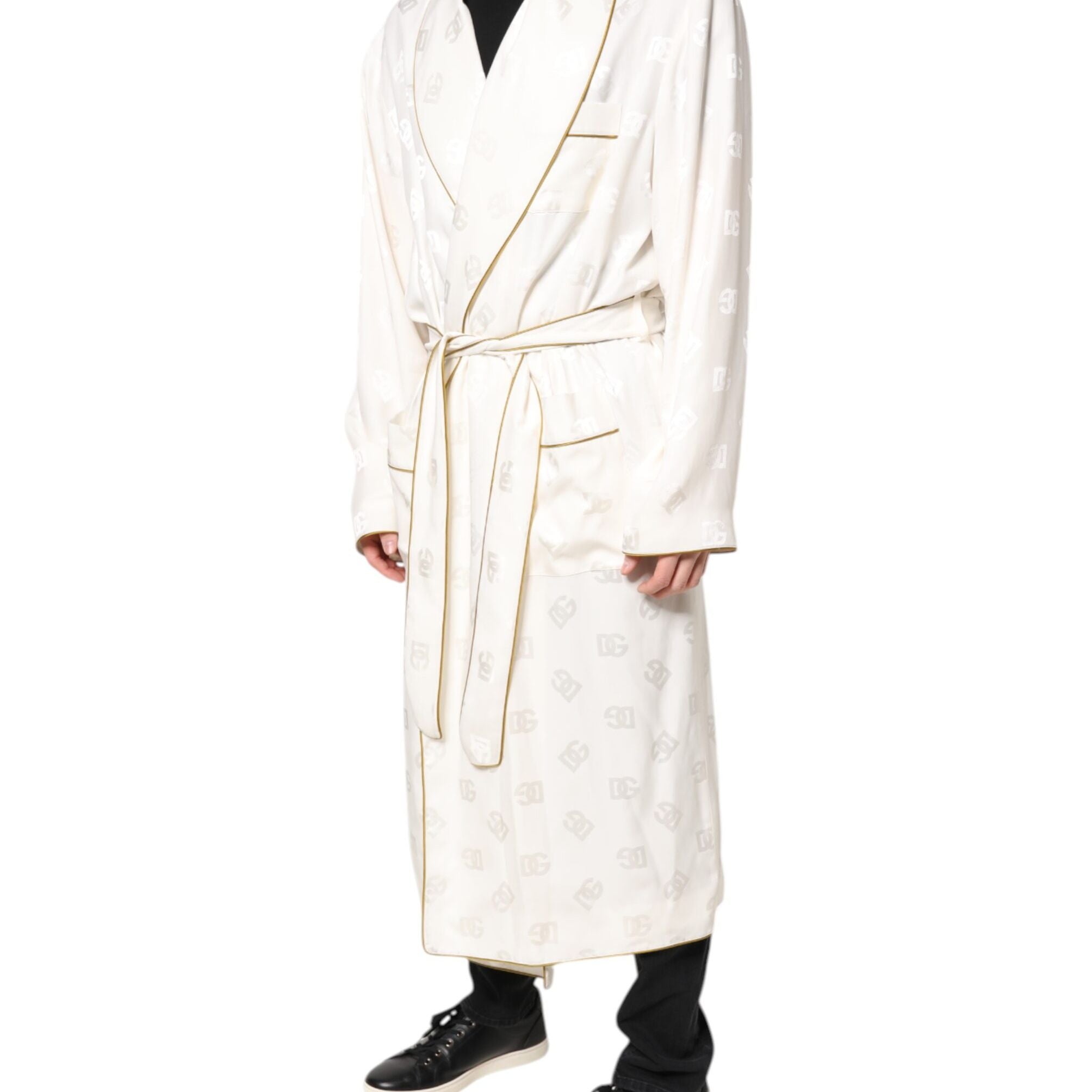 Dolce & Gabbana Ivory Silk Logo Men Wrap Robe Coat Jacket