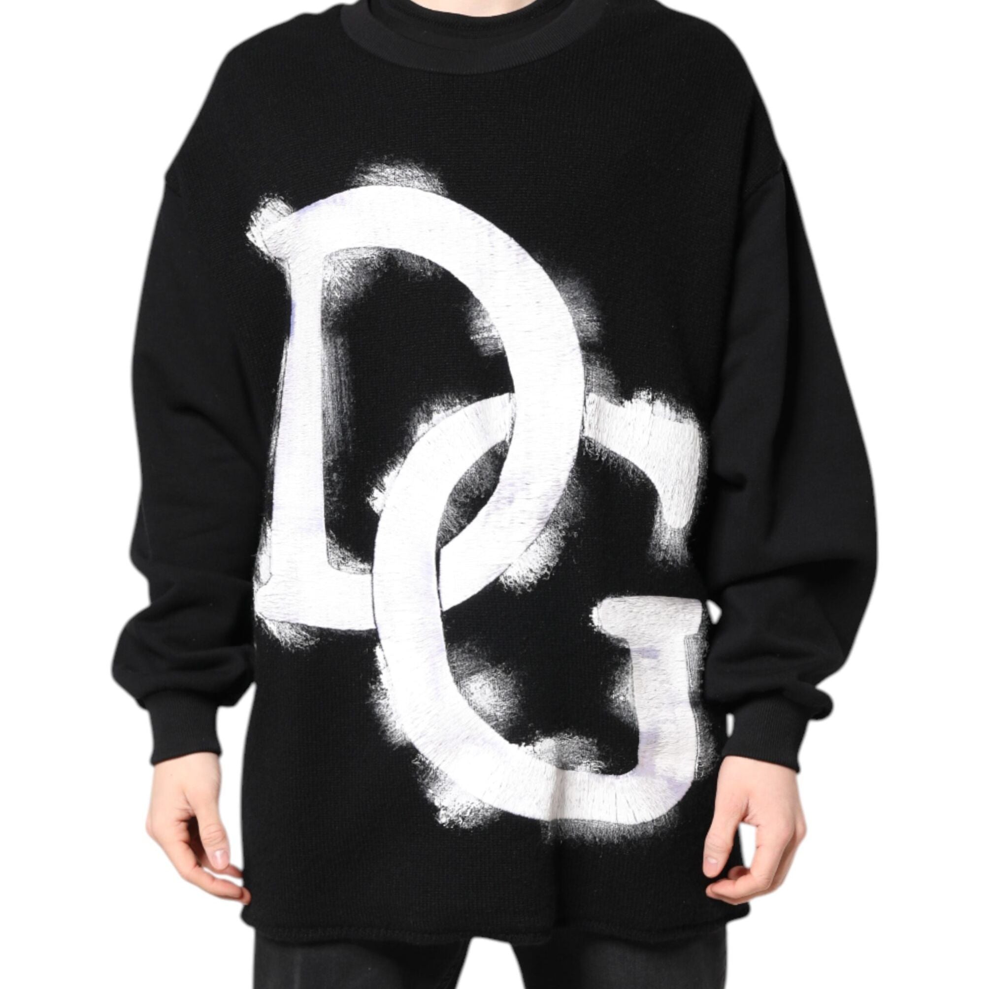 Dolce & Gabbana Black Cotton Logo Print Men Pullover Sweater