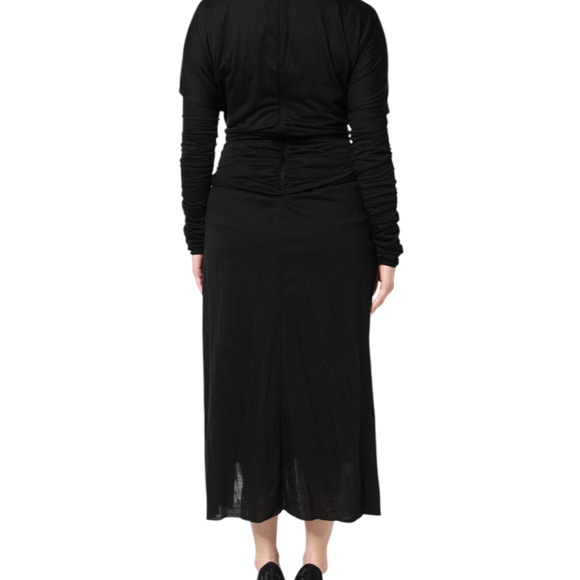 Dolce & Gabbana Black Wool Long Sleeves Sheath Midi Dress