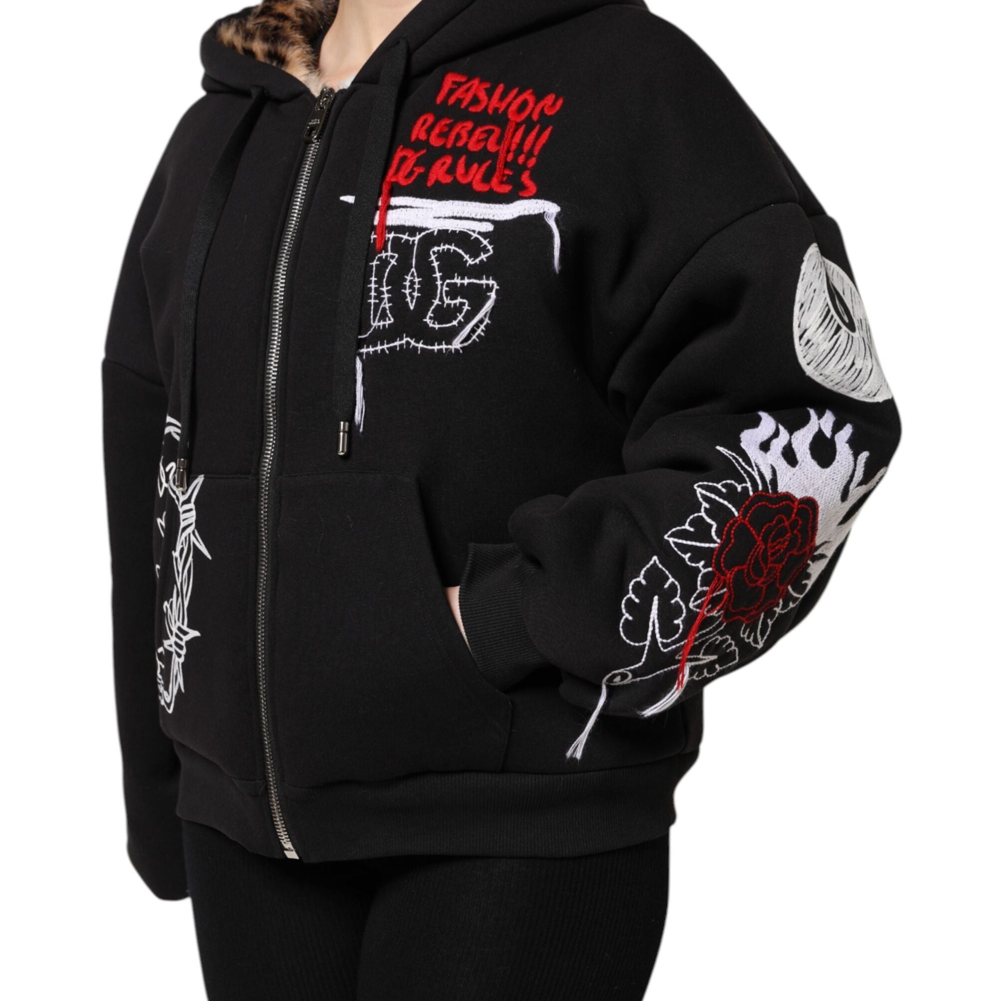 Dolce & Gabbana Black Embroidered Full Zip Hooded Jacket