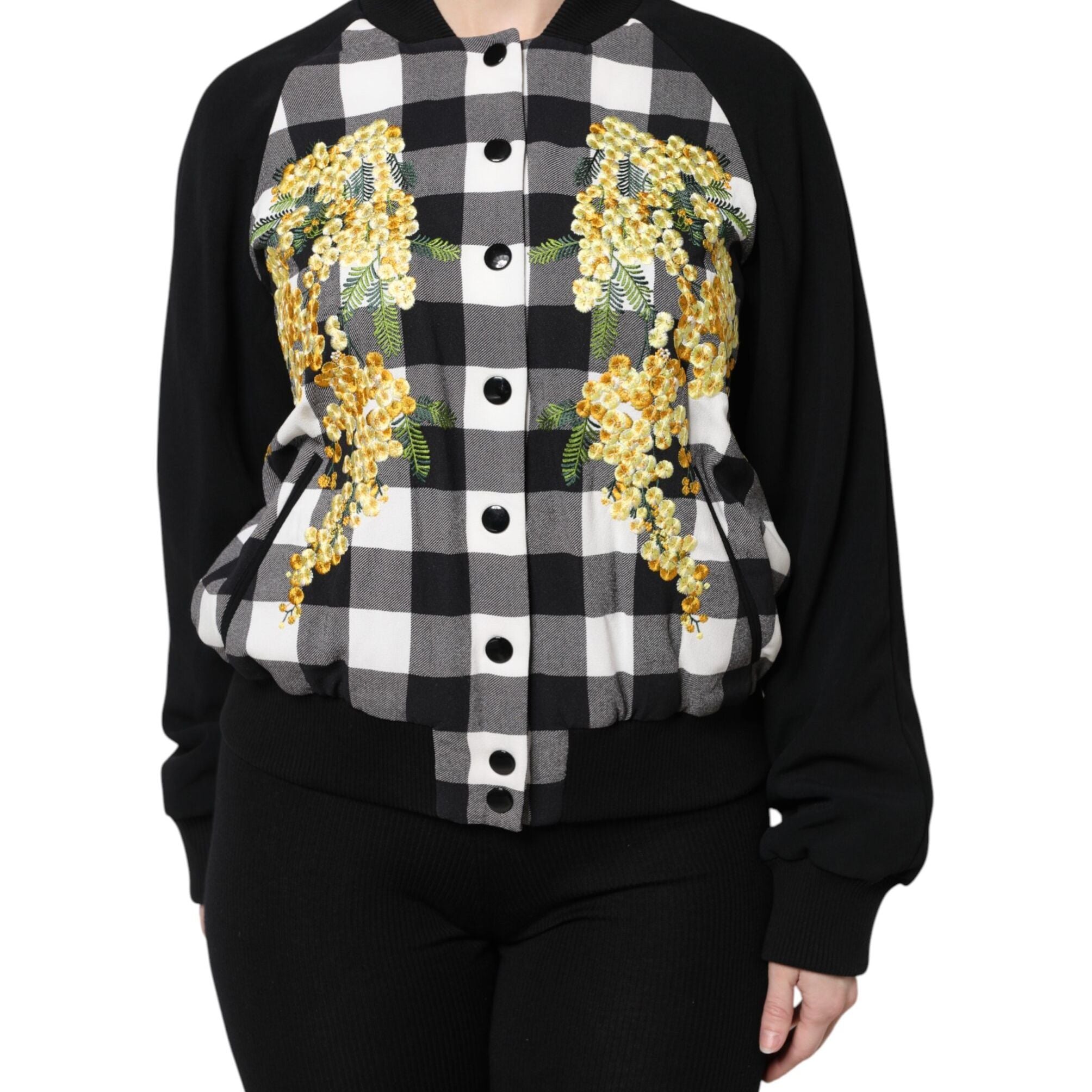 Dolce & Gabbana Black White Check Floral Button Down Jacket