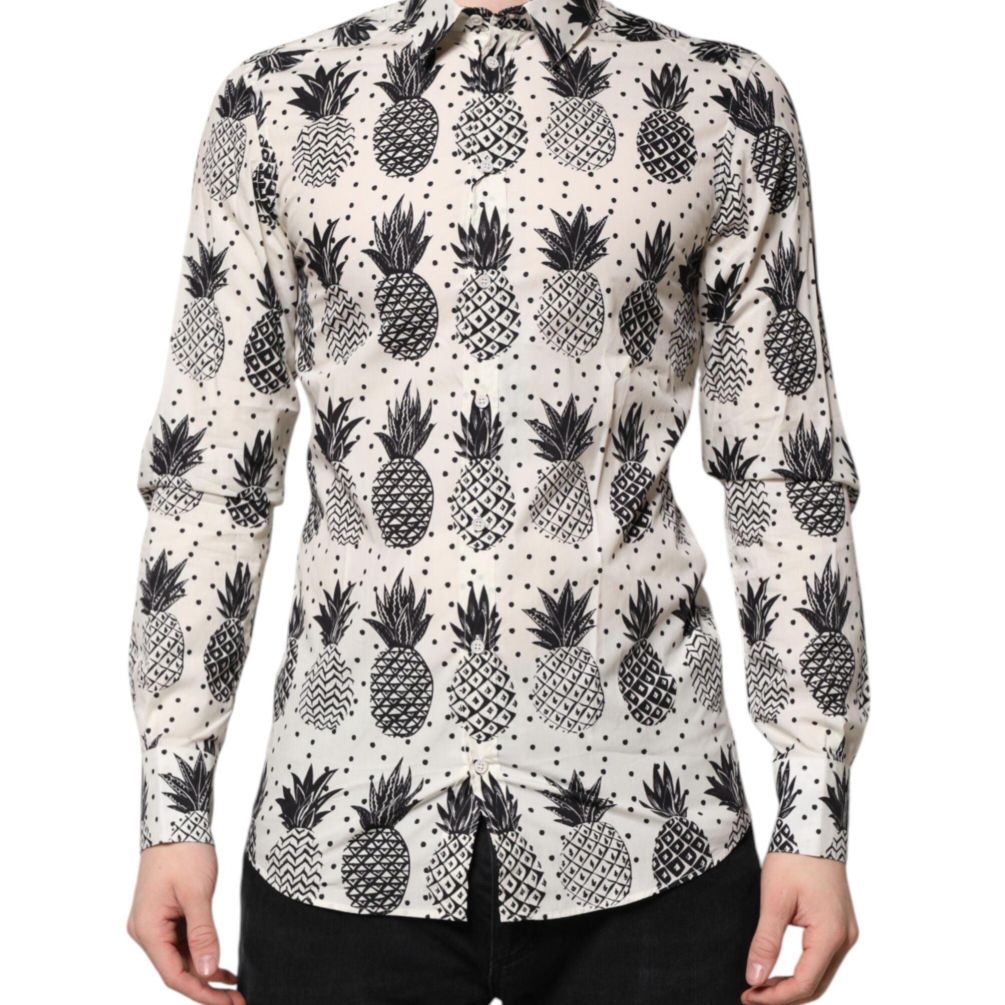 Dolce & Gabbana White Pineapple Print Long Sleeve GOLD Shirt