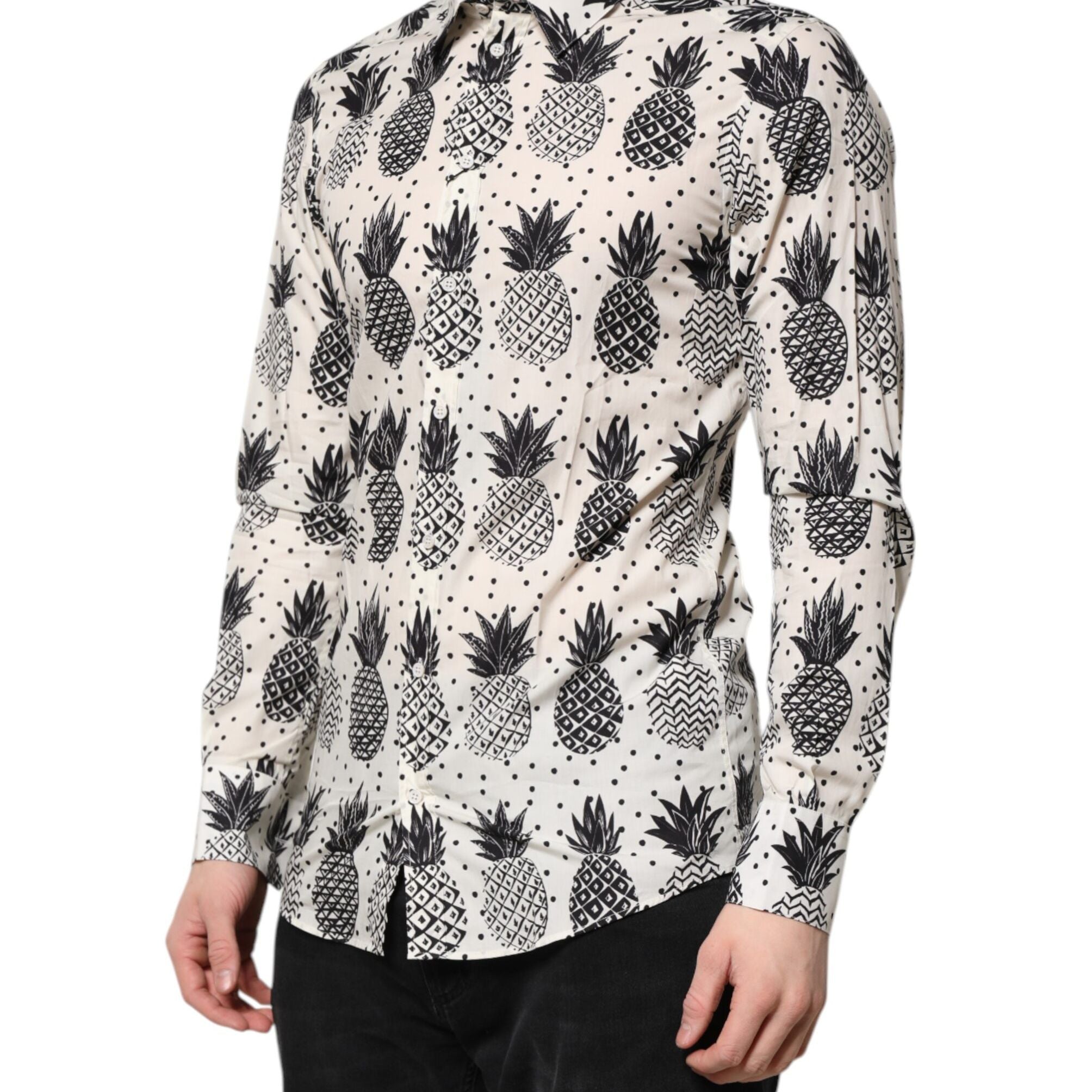 Dolce & Gabbana White Pineapple Print Long Sleeve GOLD Shirt