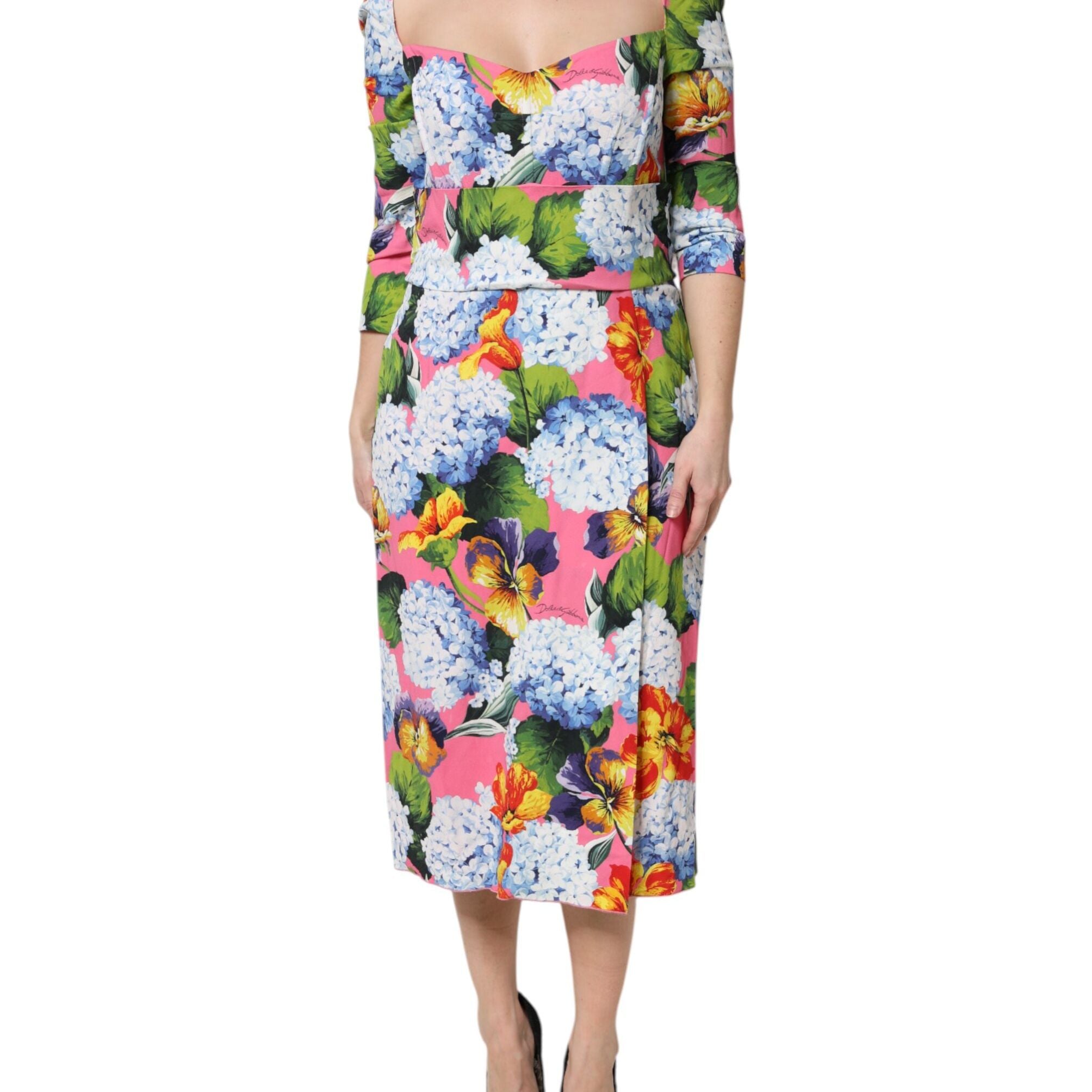Dolce & Gabbana Multicolor Floral Pleated Sheath Midi Dress