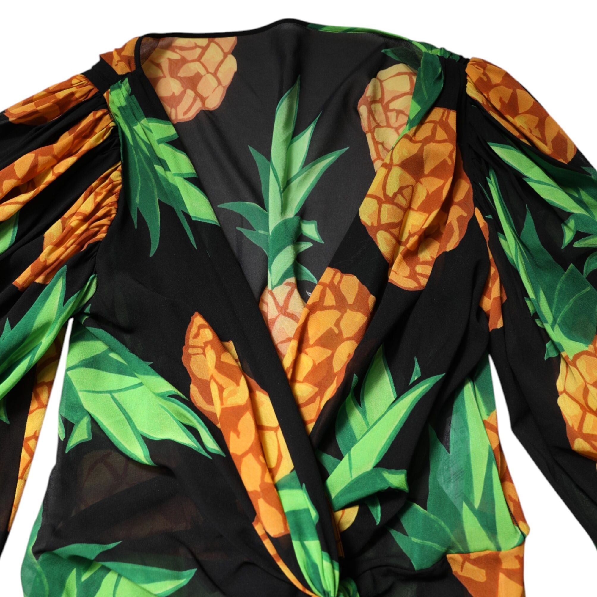 Dolce & Gabbana Black Pineapple Print Silk Wrap Mini Dress