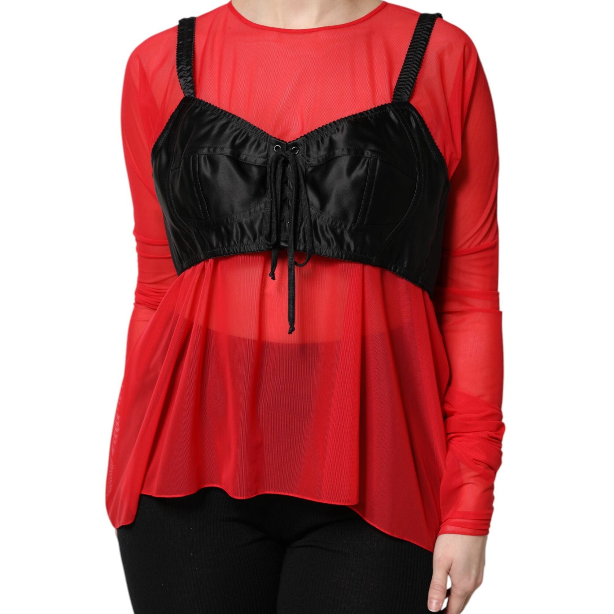 Dolce & Gabbana Red Black Bustier Detailing Long Sleeves Top