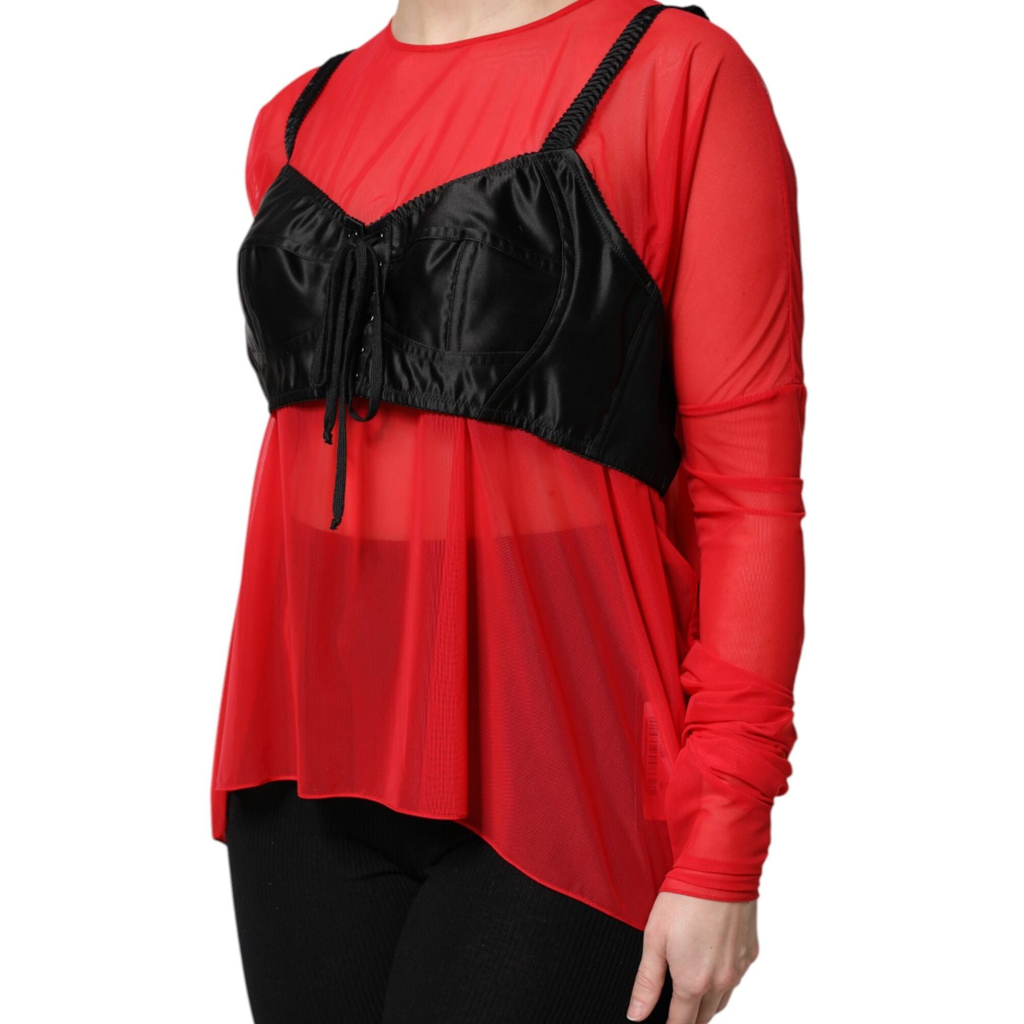 Dolce & Gabbana Red Black Bustier Detailing Long Sleeves Top