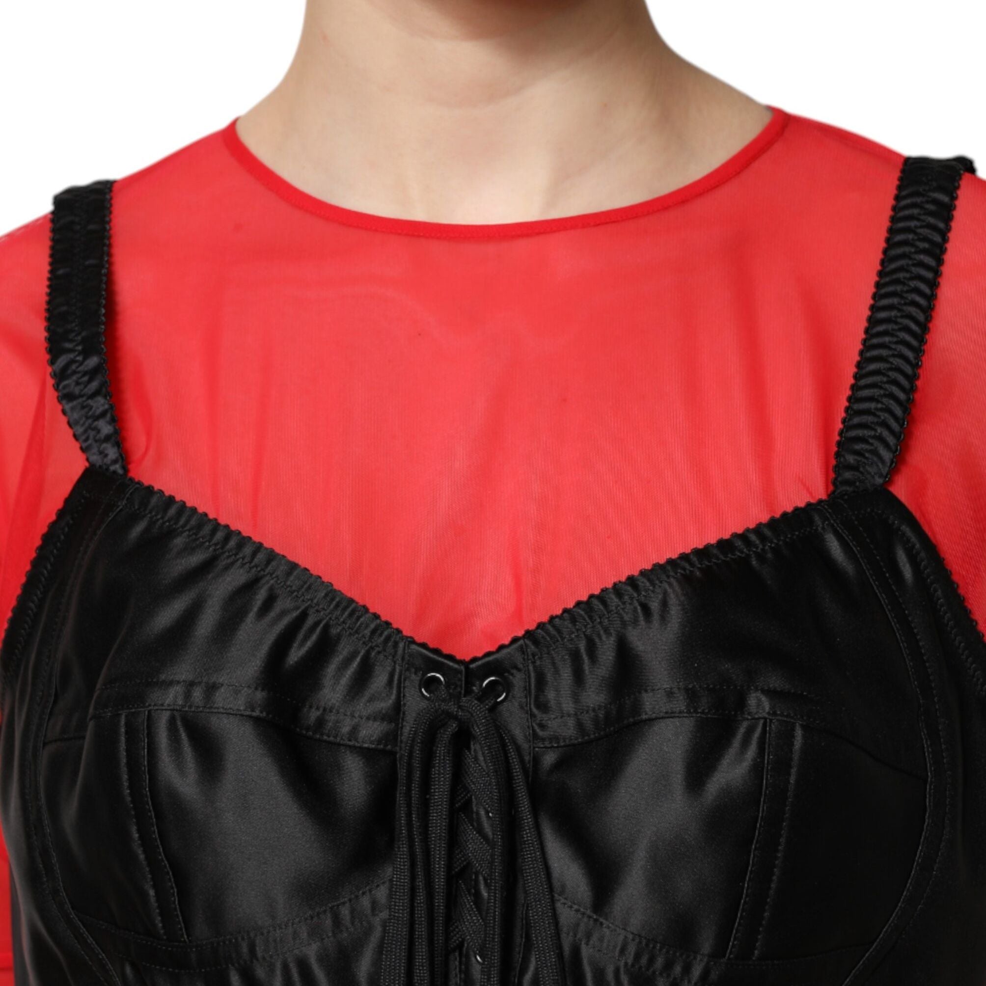 Dolce & Gabbana Red Black Bustier Detailing Long Sleeves Top
