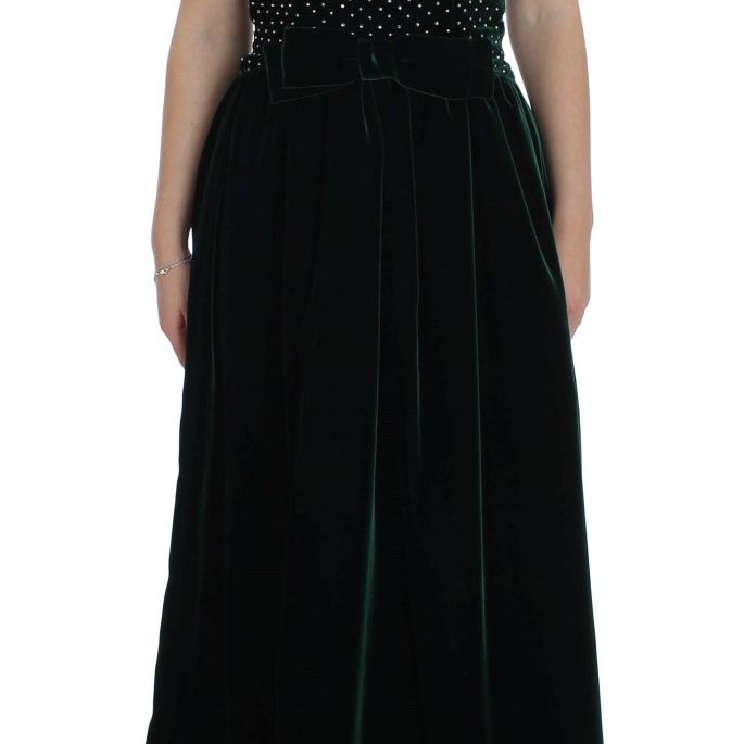 Dolce & Gabbana Green Velvet Crystal Long Maxi Dress