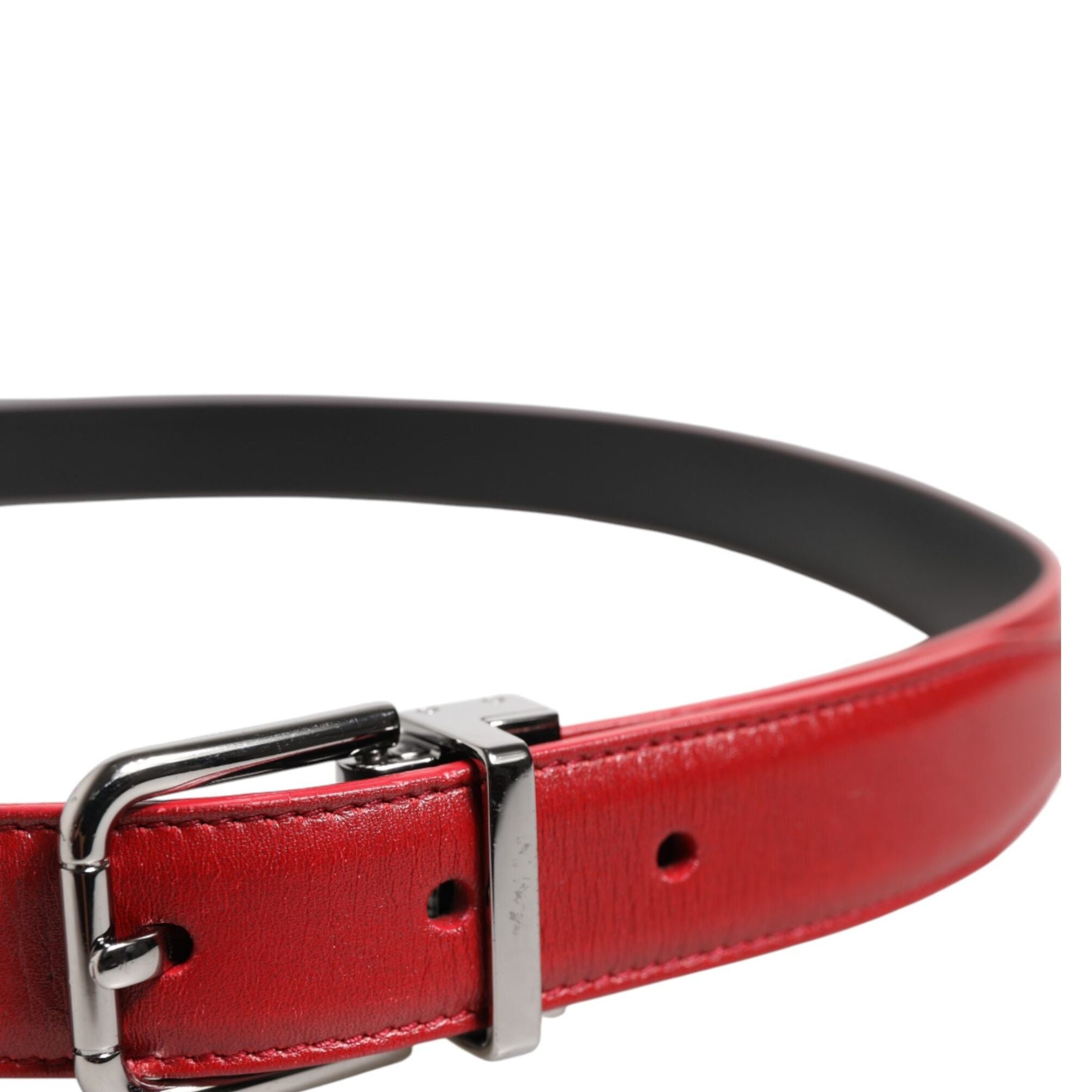 Dolce & Gabbana Red Leather Silver Tone Metal Buckle Belt