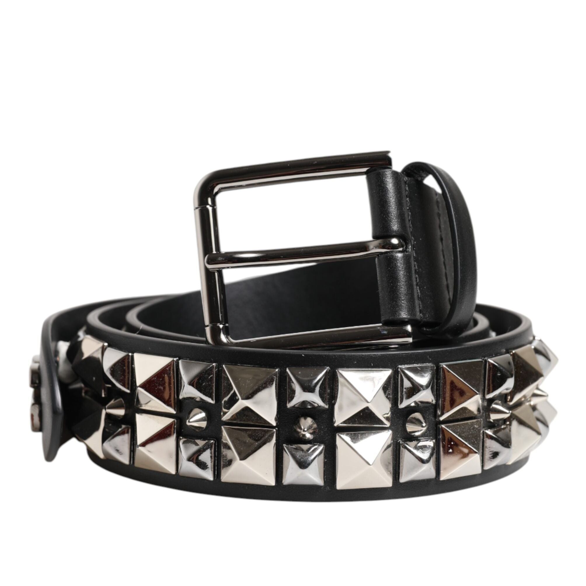 Dolce & Gabbana Black Calf Leather Studded Silver Buckle Belt