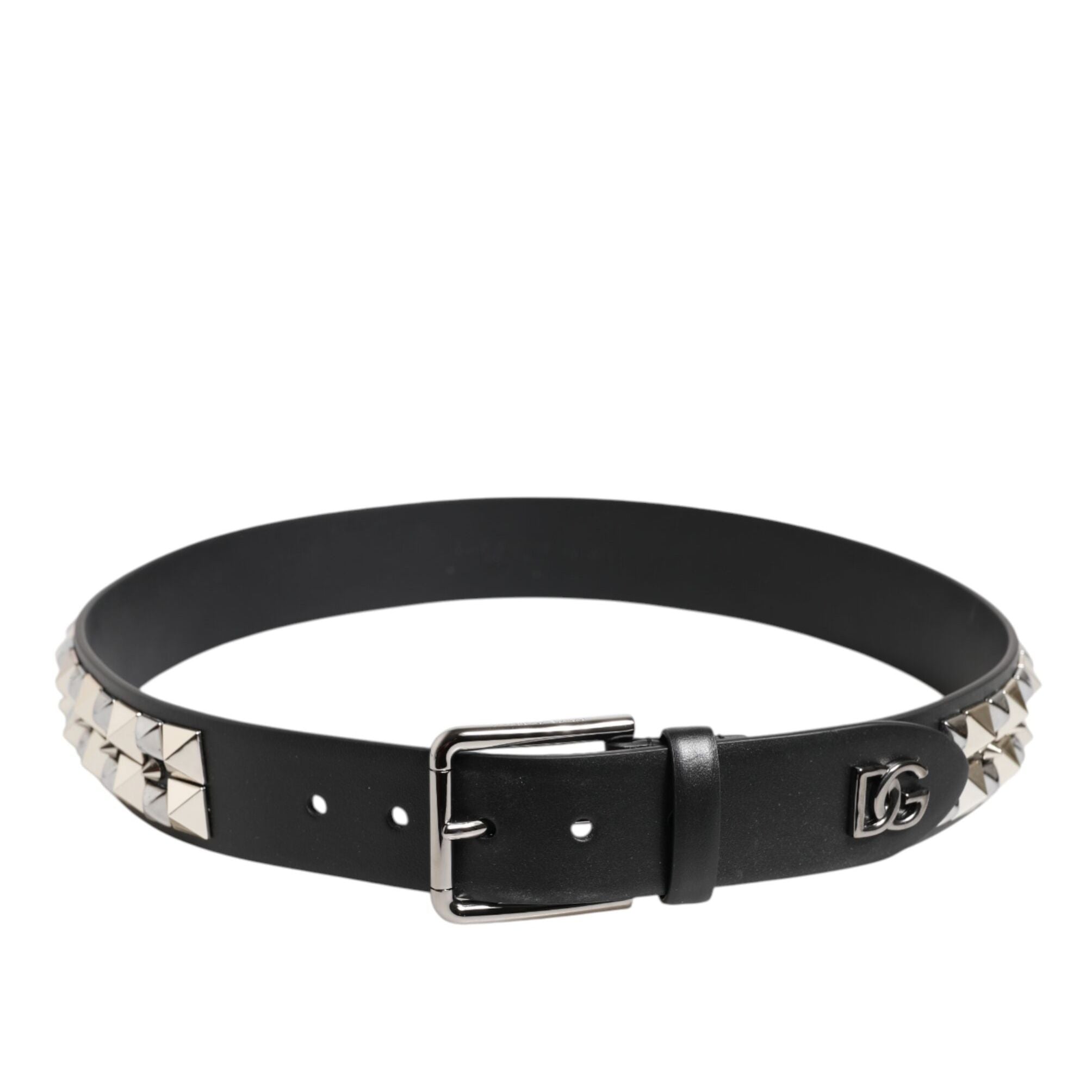 Dolce & Gabbana Black Calf Leather Studded Silver Buckle Belt