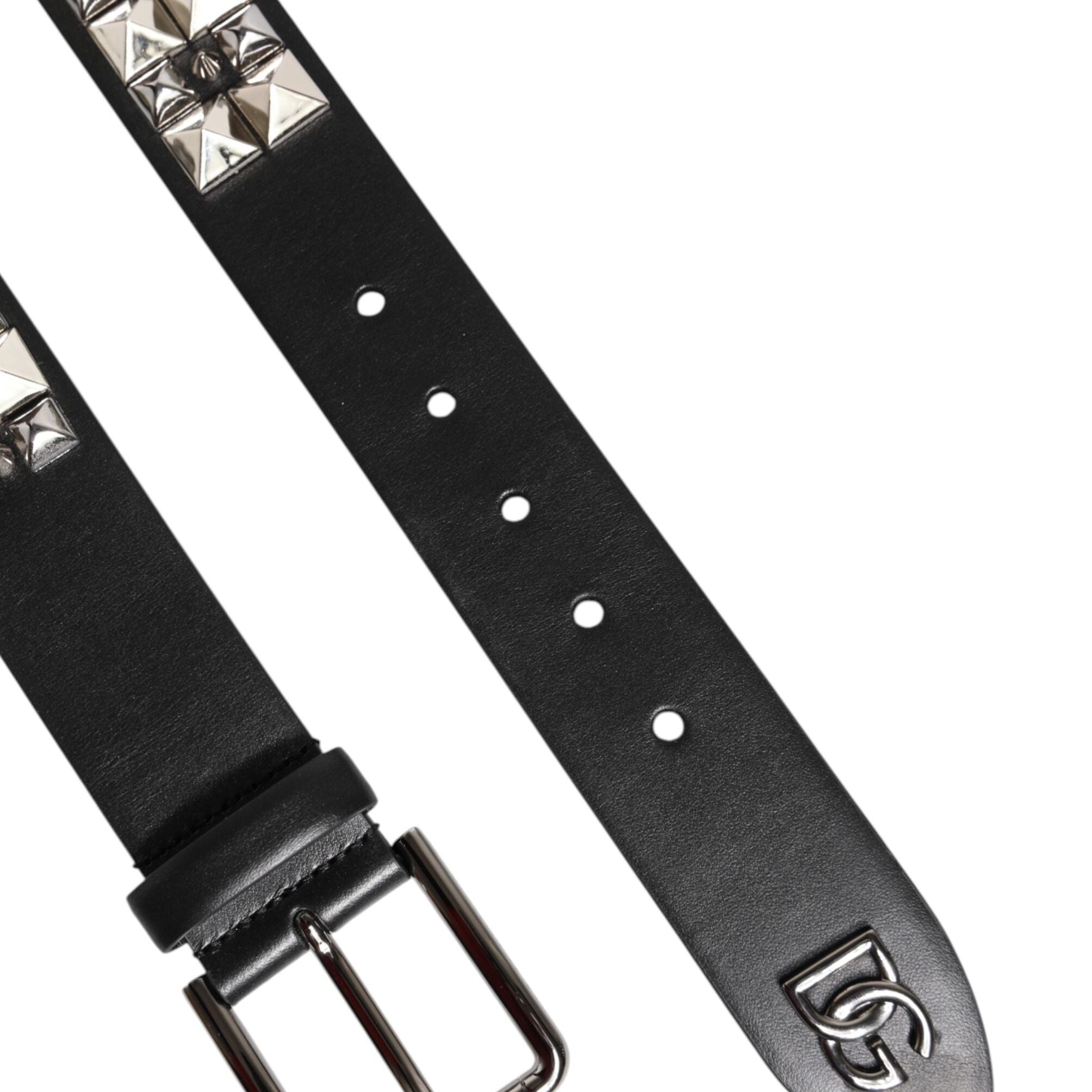 Dolce & Gabbana Black Calf Leather Studded Silver Buckle Belt