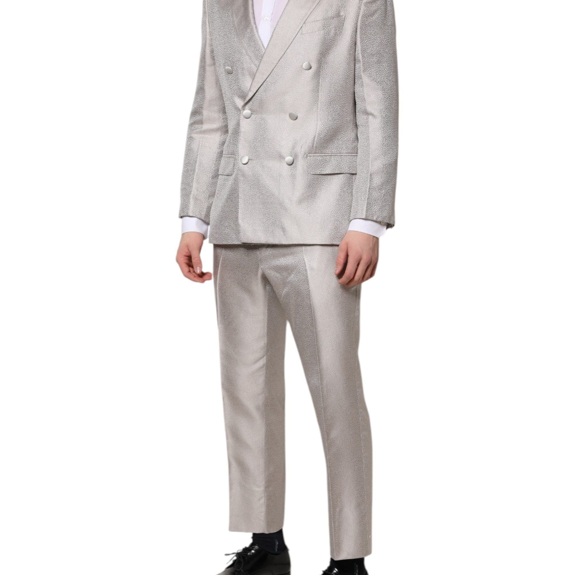 Dolce & Gabbana Light Gray Jacquard Silk Dotted 2 Piece Suit