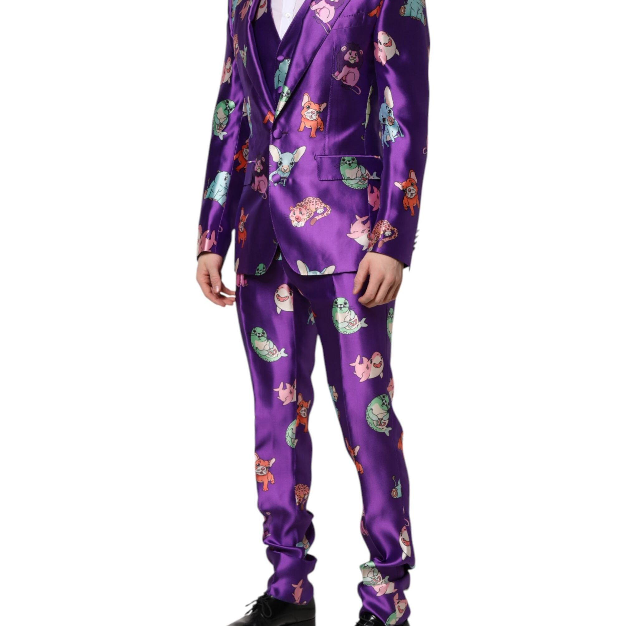 Dolce & Gabbana Purple Silk Animal Print 3 Piece Suit